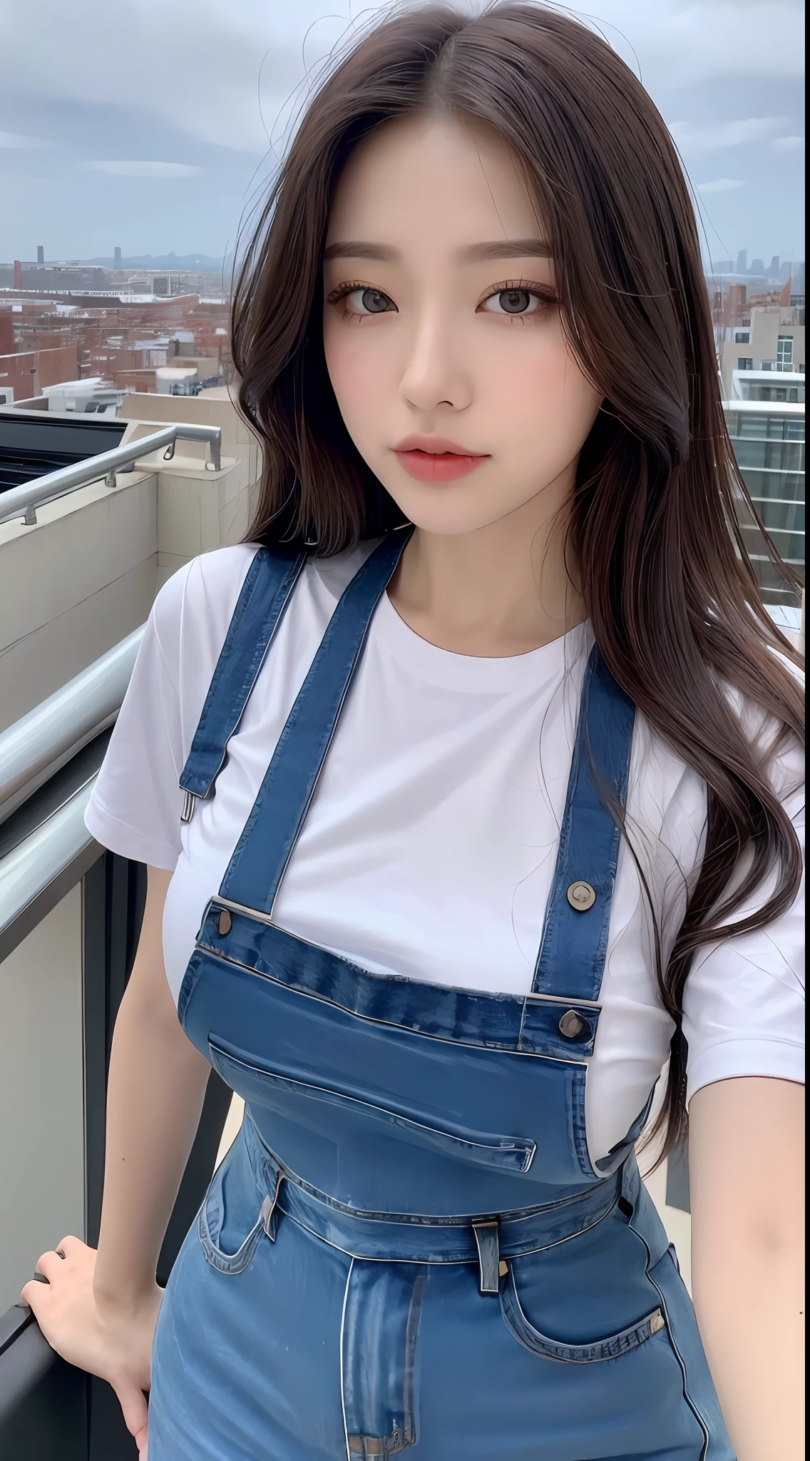 ((Midnight, Best quality, 8k, Masterpiece :1.3)), Whole body, Long legs, Sharp focus :1.2, A pretty woman with perfect figure :1.4, Slender abs :1.1, ((Dark brown hair, Big breasts :1.2)), (White tight tshirt, Jean bib, Standing:1.2), ((Night city view, Rooftop:1.3)), Highly detailed face and skin texture, Detailed eyes, Double eyelid