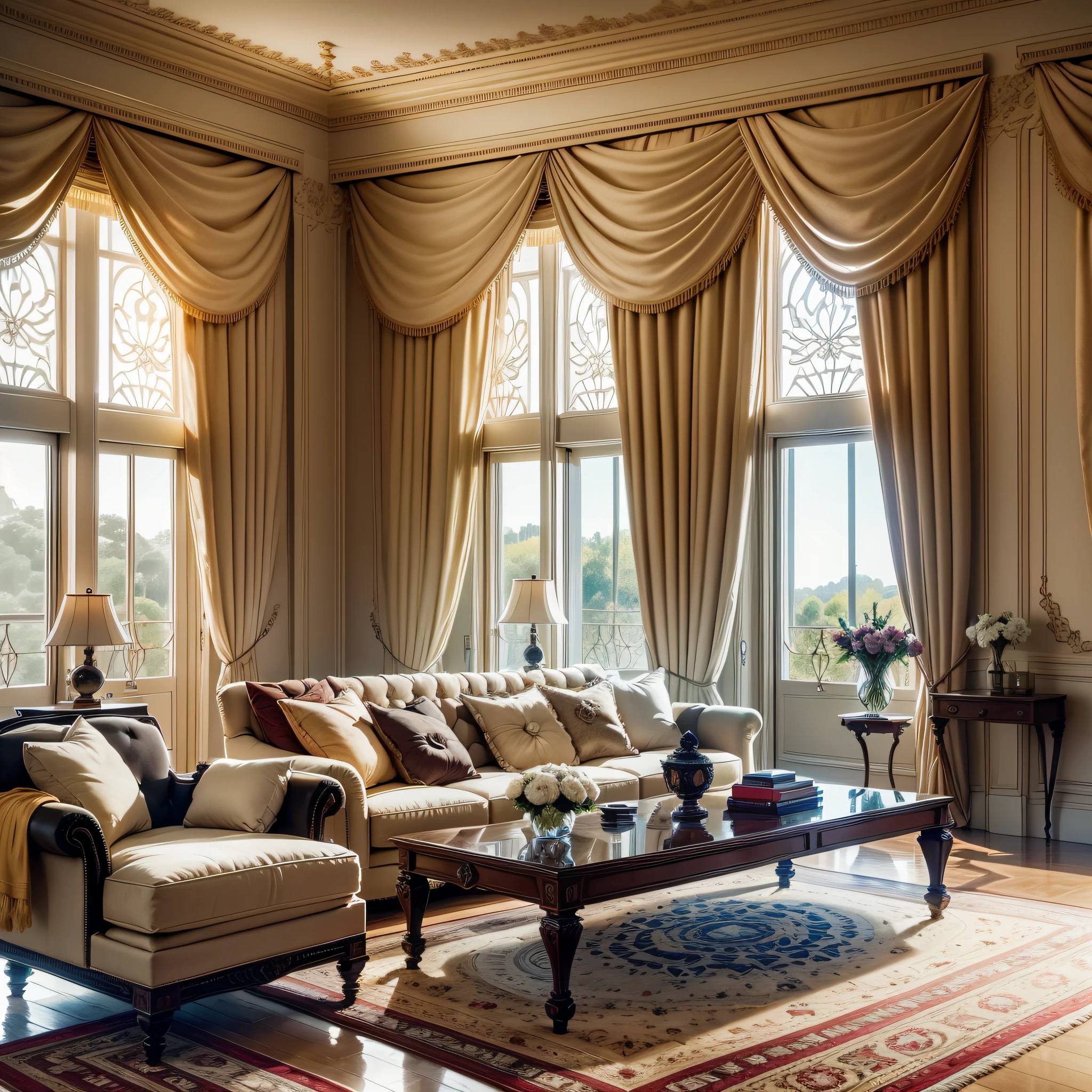 The living room is spacious and bright, with high ceilings with fine reliefs and meticulous carvings, expensive oil paintings on the walls and thick and soft carpets on the floor. A gorgeous sofa rests against the wall, and a coffee table made of solid wood is placed in the center, next to two delicate hemp rope cushions.
The window is closed, and a huge beige curtain hangs, which looks very gorgeous. But even more striking is the spectacular Roman curtain hanging from beneath the curtain. The fabric of the Roman curtain is soft and smooth, rich and saturated in color. The entire Roman curtain has only one layer, and the folds are uniform and regular, which is amazing for this delicate detail.
Sunlight shines through the windows and into the room, making the Roman curtains even more dazzling. The shadows and highlights on each fold are enough to give a sense of their three-dimensionality. The design of the Roman curtain is delicate and intricate, with each fold perfectly and naturally connected to form a visual feast comparable to a hotel lobby.
The whole scene exudes a noble and palatial atmosphere, making people feel like they are in a luxurious mansion, admiring the ultimate comfort and natural beauty brought by Roman curtains. Live shooting, surrealism --auto --s2