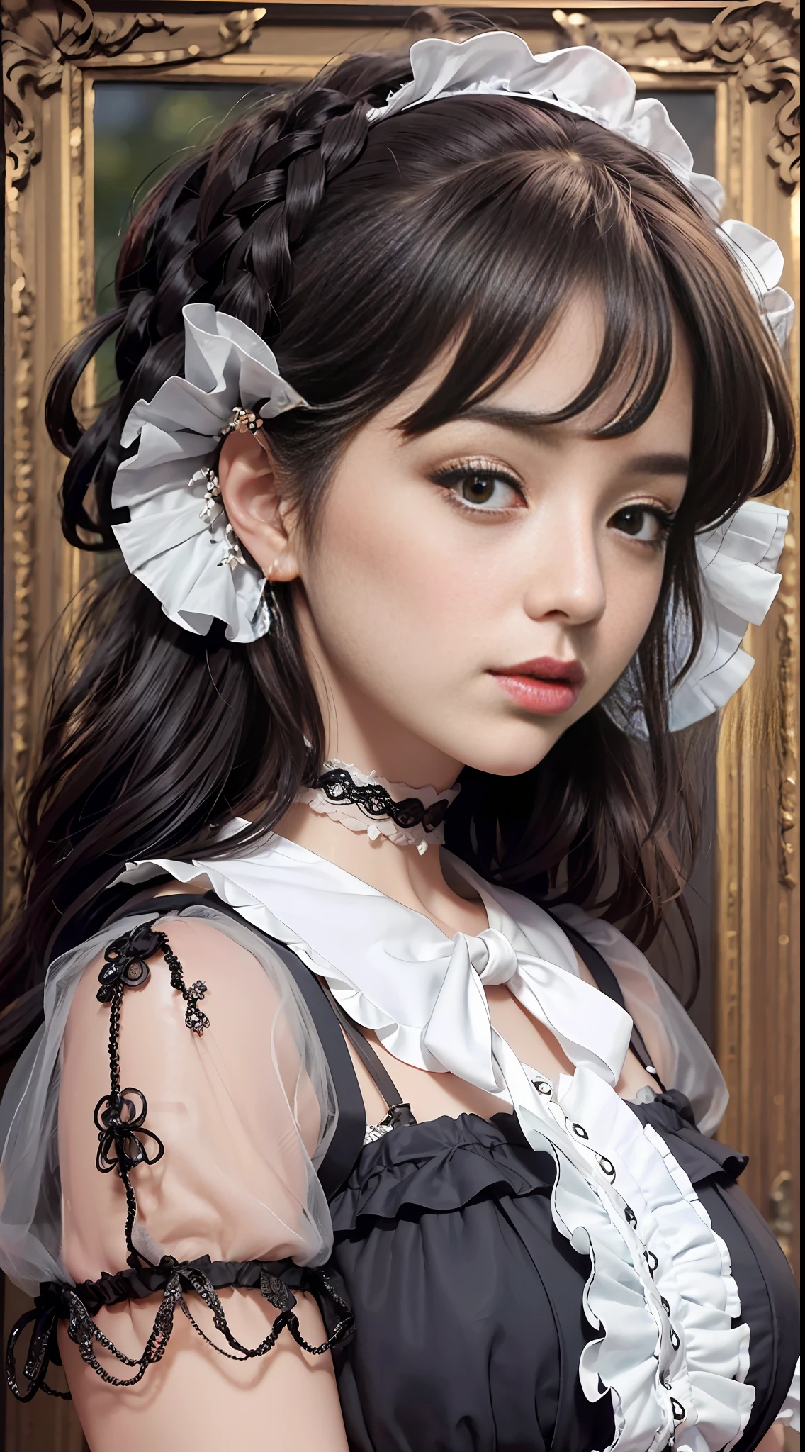 Best quality, super high resolution, photo restoration, photo of a beautiful woman, young girl, detailed face, black curls with layers, (detailed porcelain doll, delicate clothes with lots of frills and ribbons), historical landmarks, (close-up of face), seductive appearance to look at the viewer