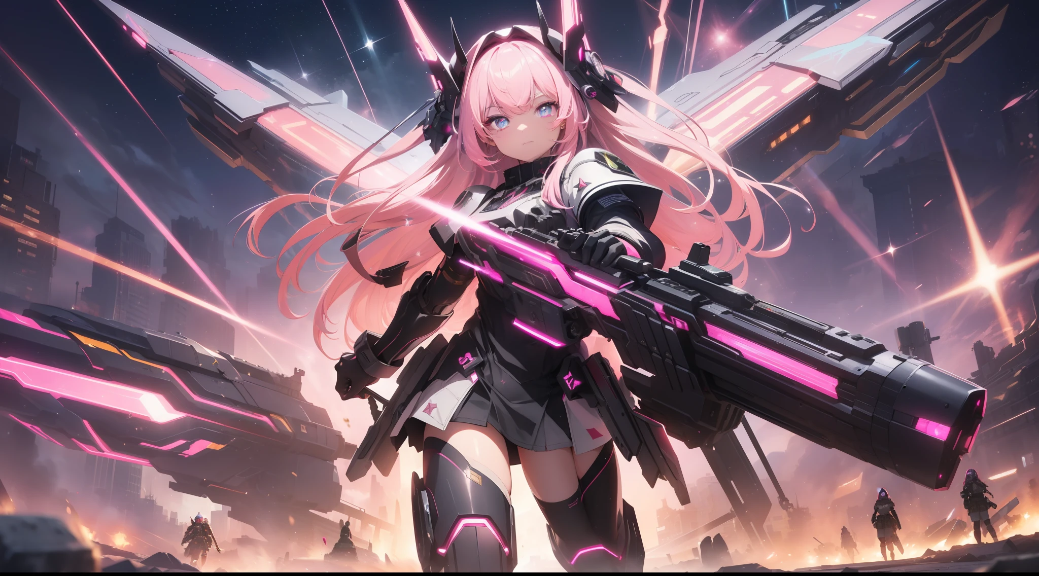 (((masterpiece))),((ultra detailed,best quality, highres, cinematic lighting, twinkle,glitter,lens flare,light particles,shiningtoned, 8k wallpaper, beautiful Clothes,)),fullbody,fullbodyshot
(1 girl)((pink hair, long hair,straight hair))(two side up, green eyes),eyeshadow, eyeliner,glow eyes, hyper detailed eyes, intricate eyes, beautiful eyes, best lighting, detailed eyes,((star-shaped pupils,glowing pink pupils))-yeld gi(white background)huge cool Gatling in hands, huge cool weapon machine, mecha, mechanism, machine, open stance,Girl in military uniform