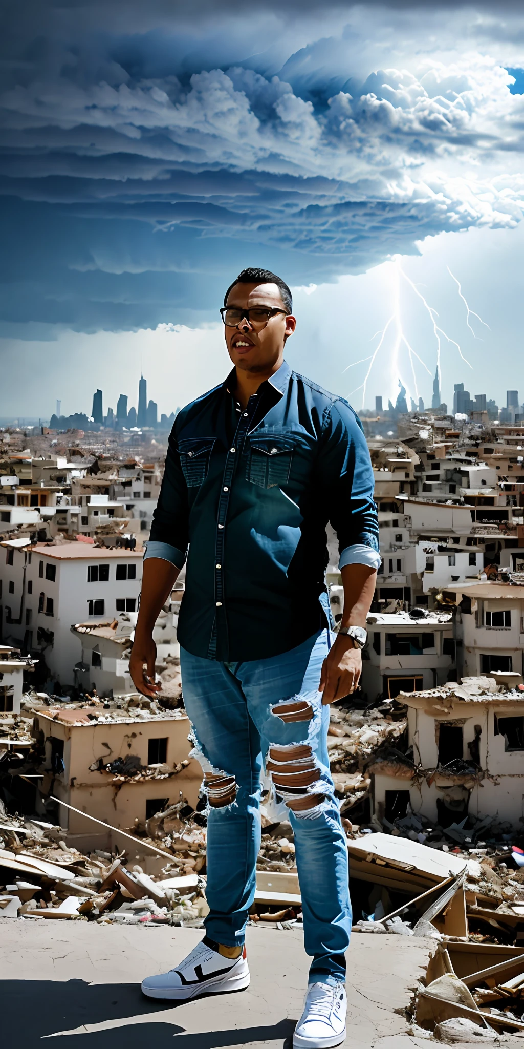guttonerdvision4, Fanciful illustration of a man with glasses 40 meters tall, ((expression of anger)) super detailed, detailed skin and face, ((ripped jeans)), ((torn white shirt)), giant, ((nervous)), destroying the buildings of a city. Pewuena people around, Pieces of rubble everywhere, sky with lightning and thunder, Illustration fsntasiosa, magical, ultra detailed, depth of field for more realism, detailed, cinematic, 8k, aerial view