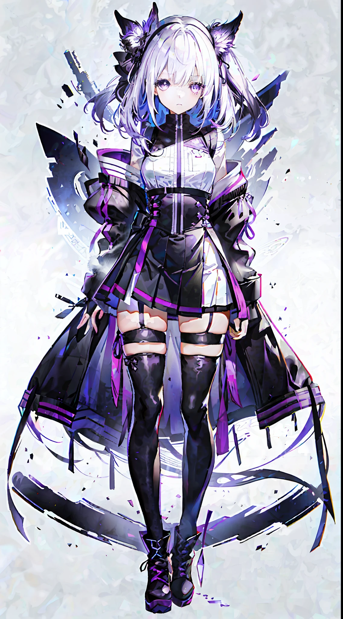 1 girl, white hair, purple eyes, all black, long hair, tactical vest, cute face, solo, loli face, solo, Illustrations, loli face, pleated skirt, {{{full body}}}}, black boots, small and medium breasts, dynamic pose, lace-up panties, cute girl, black silk, character setting drawing, {{{tachi-e}}}, official art, original, sexy, erotic clothing, simple background, slim body, purple theme, standing painting, tachie, black boot, full body