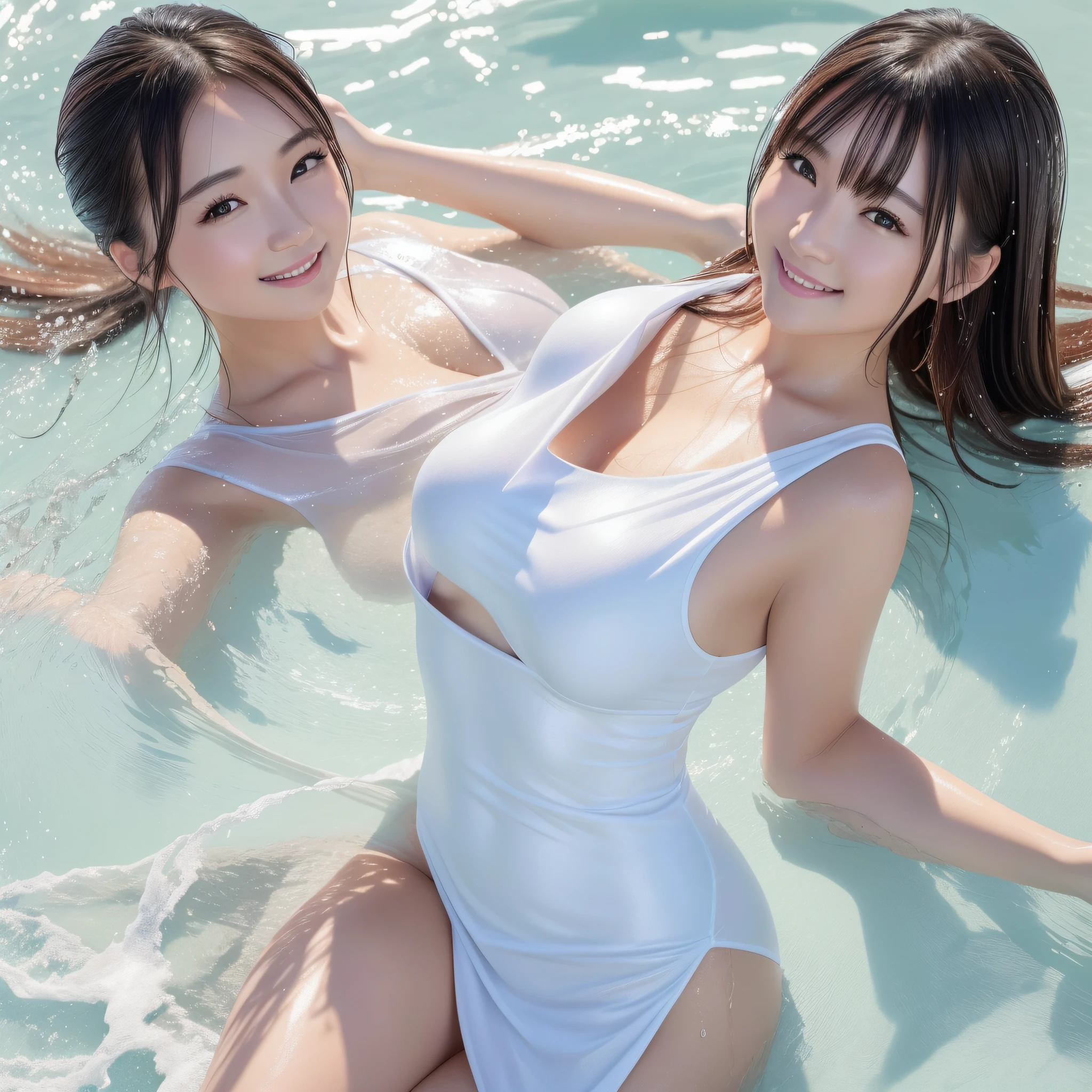 best quality, ultra high res, (photorealistic: 1.4), 8k resolution, girl, (random hair: 1.3), (realistic hair: 1.2), (Chinese girl: 1.2), (realistic eyes: 1.2), (beauty face: 1.3), perfect body, white pink skin, medium chest, neckline, (happy face smile: 1.2), (top angle: 1.3), (wet dress: 1.2), (bathing in the icy lake: 1.3), polar bear,