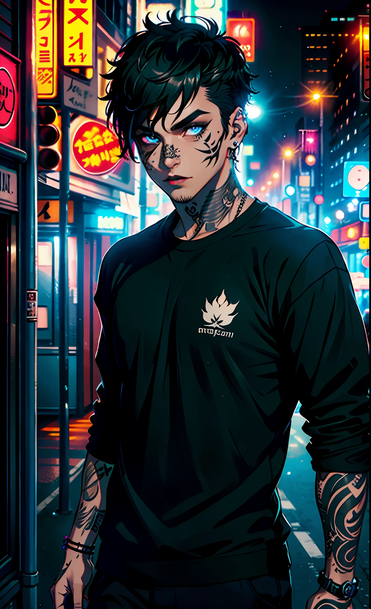 Creative inspiration: (1 man), (black tattoo: 1.2), (smoky makeup), (night city), (bustling street), (road perspective), glow effect, (looking at the camera))
