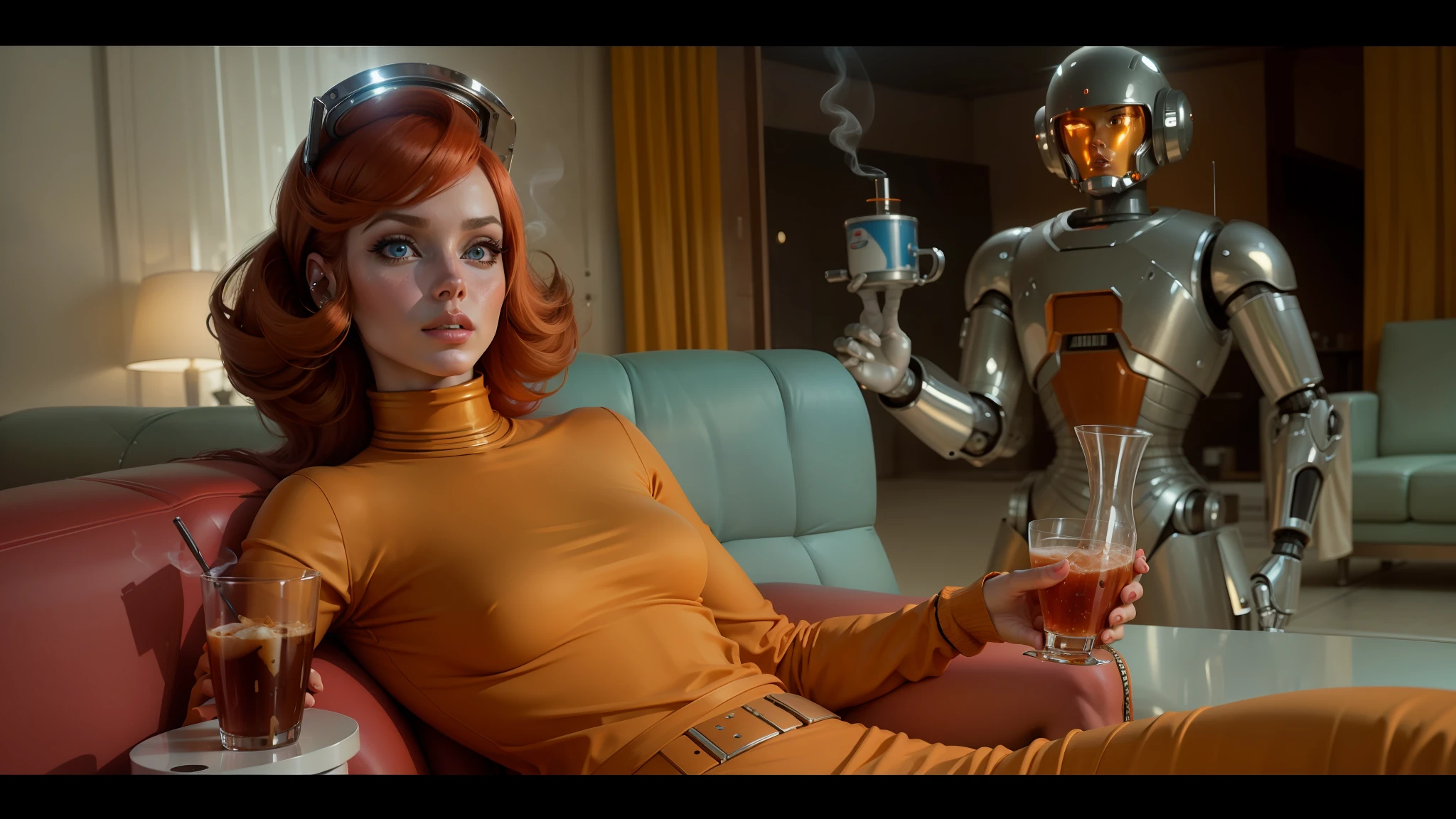 arafed woman in orange shirt sitting on a couch with a robot in background, barbarella, drinking and smoking, still shot, inspired by Jon Whitcomb, cryptocurrency in the background, 2 0 1 4. modern attire, bubblegum, chrome plated, circa 1970, redhead woman, perfect human female specimen, stanly kubrick, dreamy aesthetic, droid --auto --s2