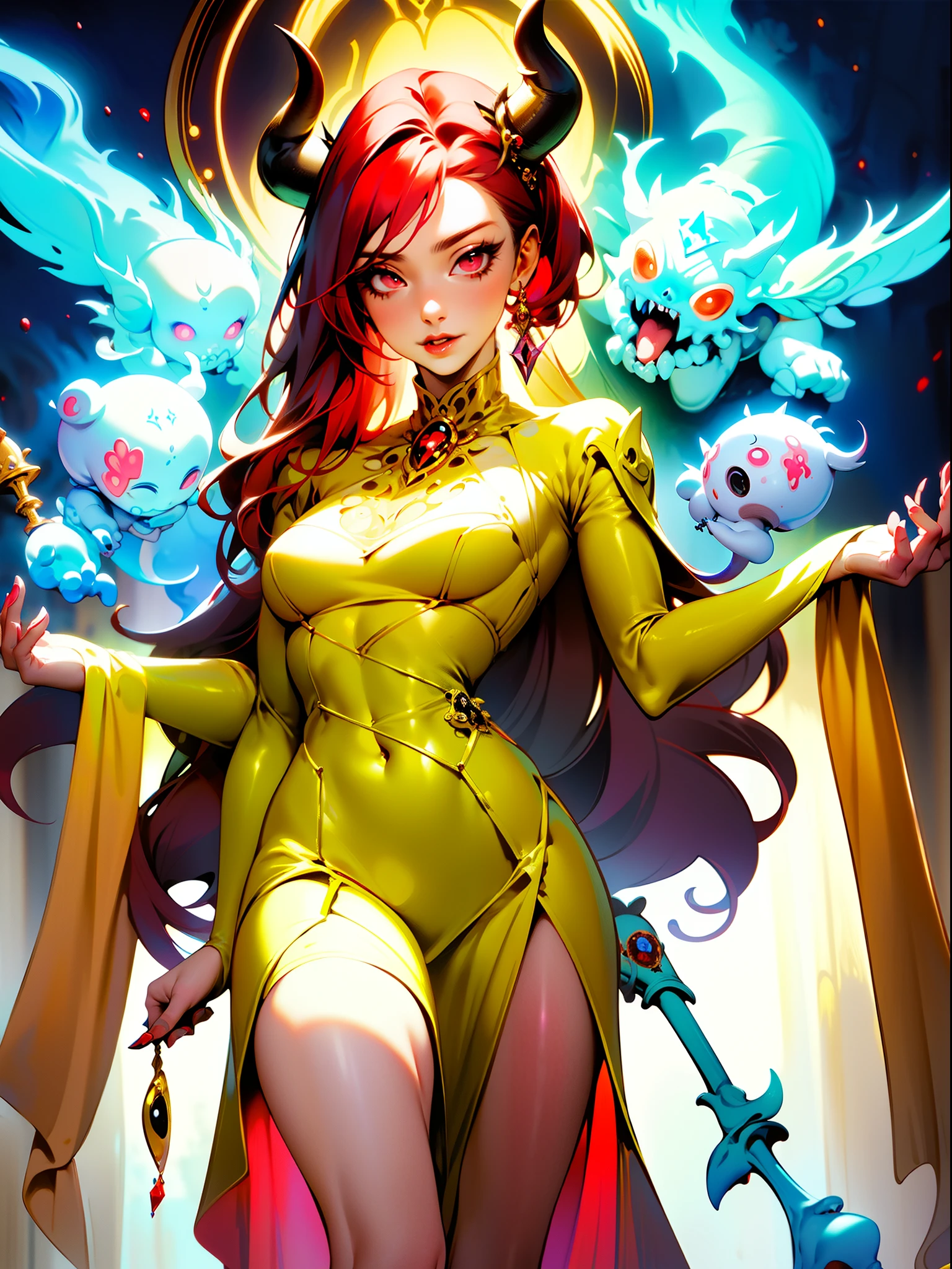 ((Best quality)), ((masterpiece)), (detailed: 1.4), (Absurd), Spawn woman, reborn from hell with several small demons and skeletons at her feet, beautiful, red hair, long shed with her legs out, crown with two long ciphers, full body, perfect body, generous neckline, hellish scene