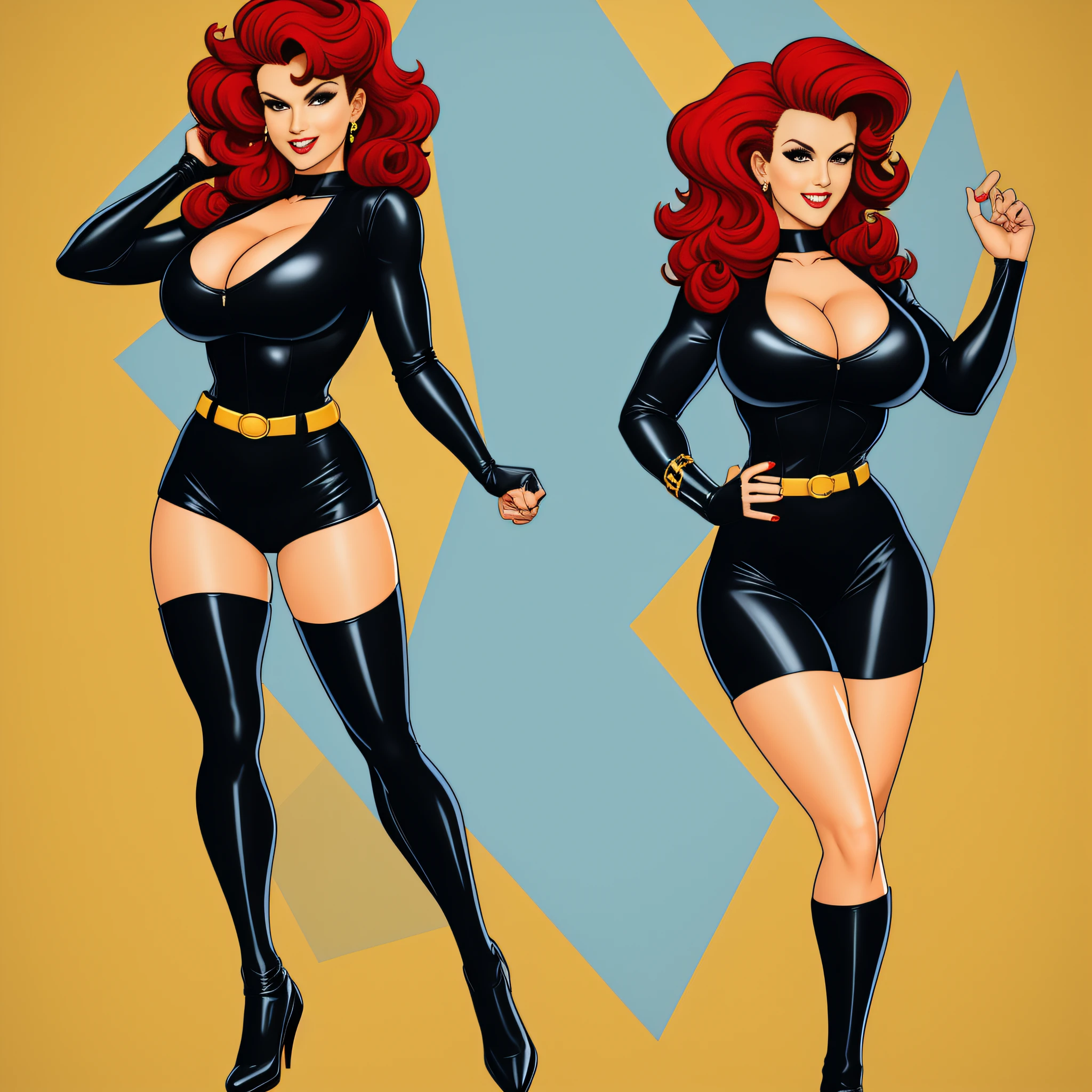 full body portrait, Catwomen, 1980s \(style\), 1 model, red hair, retro art style, wavy hair, solo, black jumper,   black bra, unbutton,  superhero, unbutton_shirt, (natural_breasts:1.2), medium_breasts, cleavage, full body shot, detailed face, model pose, shoes visible, ass view, face view,