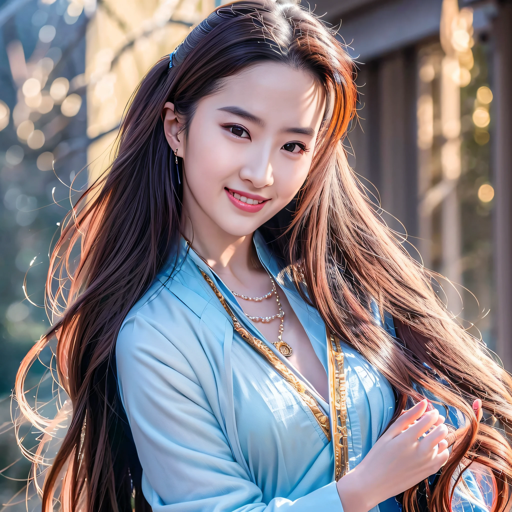 Best quality, masterpiece, high, 1 girl, blush, (alluring smile: 0.8), star pupil, chinese hanfu, hair ornaments, necklace, jewelry, pretty face, on the body, tyndall effect, photo realism, bustling city, edge lighting, two-tone lighting, (high detail skin: 1.2), 8k uhr, SLR, soft light lighting, high quality, volumetric lighting, real, photo, high resolution, 4k, 8k --auto --s2