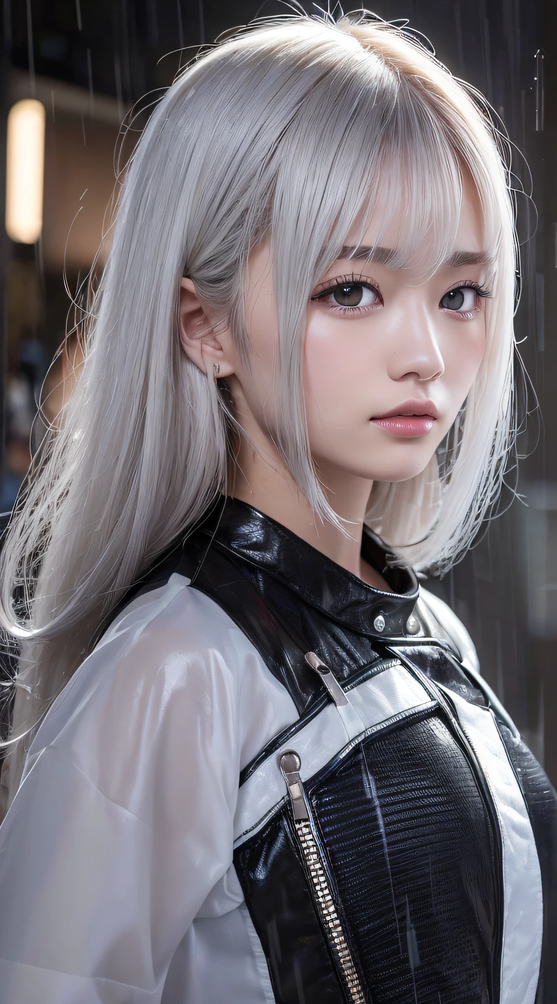 ((Top Quality, 8k, Masterpiece: 1.3)), Focus: 1.2, Perfect Body Beauty: 1.4, Ass: 1.2, ((Layered Haircut, Chest: 1.2)), (Wetwear: 1.1), (Rain, Street: 1.3), Bando Dress: 1.1, Highly Detailed Face and Skin Texture, Fine Eyes, Double Eyelids, Whitened Skin, Semi-Long Hair, Black Hair, (Shut Up:1.3), Japan
