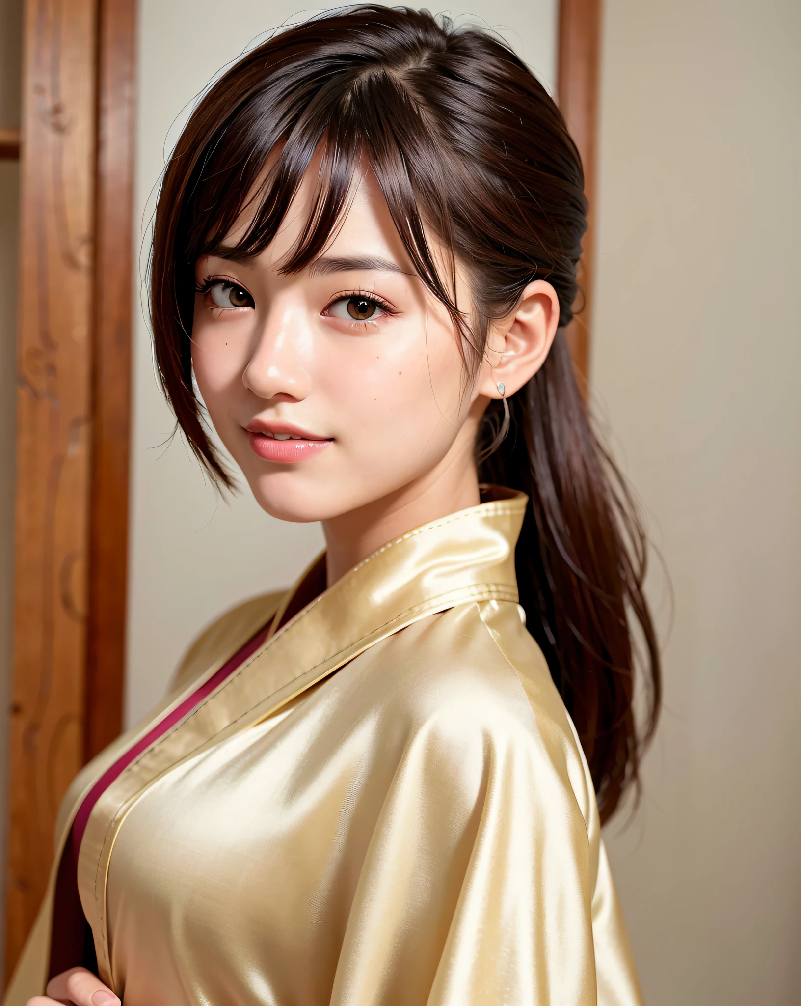 best quality, face focus, soft light, (depth of field) ,ultra high res, ,(photorealistic:1.4), RAW photo, (portrait:1.4) ,(from side:1.2)
1japanese girl, solo, cute, (shy, smile:1.1), (brown eyes),  detailed face, kissing face (short_hair ), japanese-style room
(silk kimono:1.4)