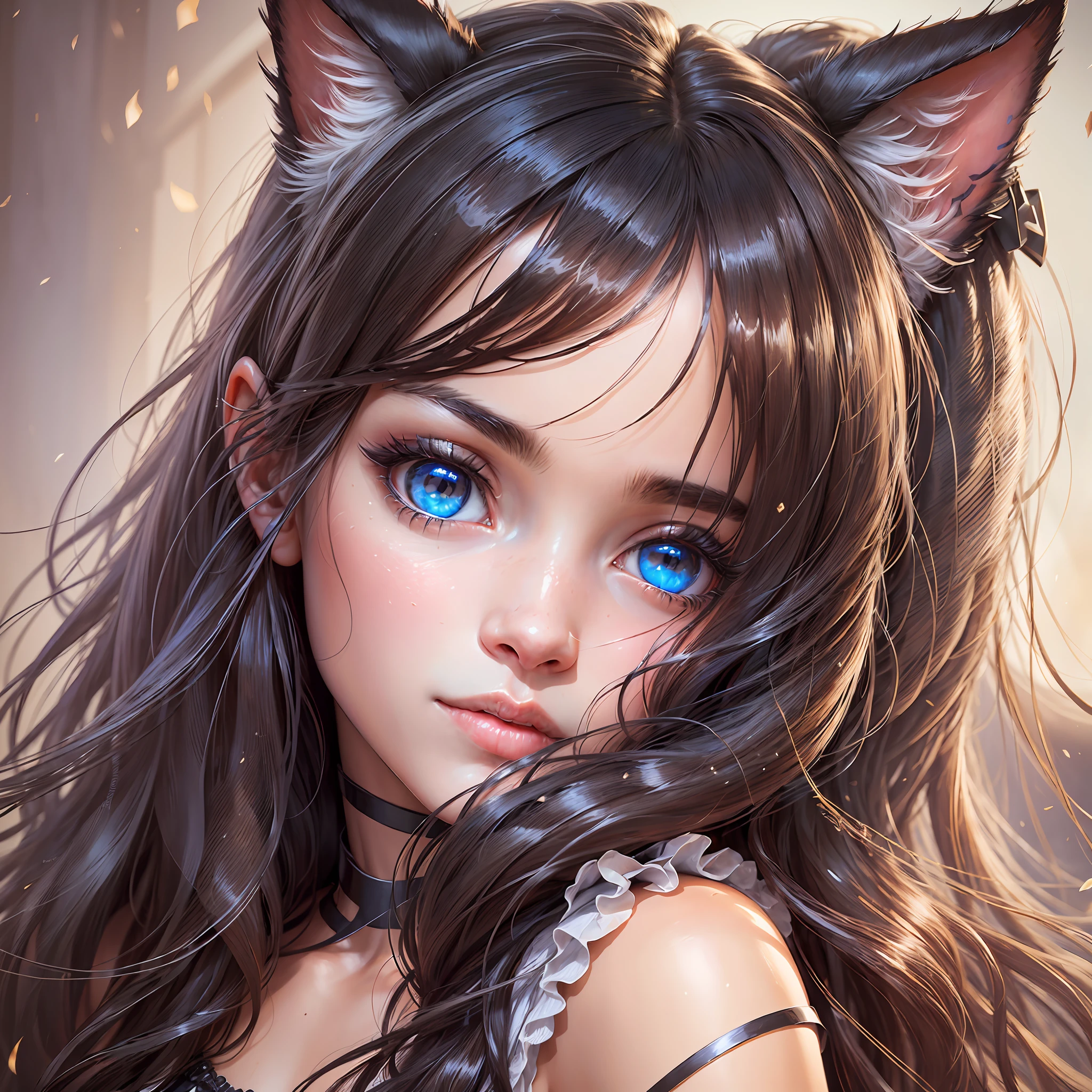 (Photorealistic:1.4), (Masterpiece, Sidelight, Exquisite Beautiful Eyes: 1.2), Masterpiece*Portrait, Realistic, 3D Face, Glistening Eyes, Glossy Hair, Glossy Skin, Solo, Embarrassing, (Abdomen),Cat Ears, --auto --s2