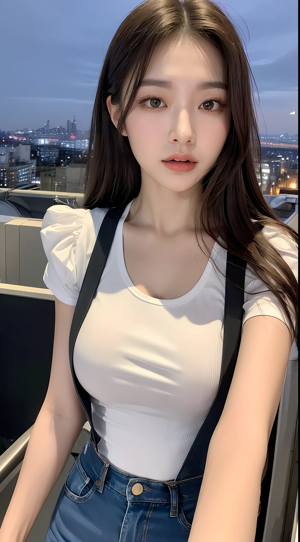 ((Midnight, Best quality, 8k, Masterpiece :1.3)), Whole body, Long legs, Sharp focus :1.2, A pretty woman with perfect figure :1.4, Slender abs :1.1, ((Dark brown hair, Big breasts :1.2)), (White tight tshirt, Jean bib, Standing:1.2), ((Night city view, Rooftop:1.3)), Highly detailed face and skin texture, Detailed eyes, Double eyelid