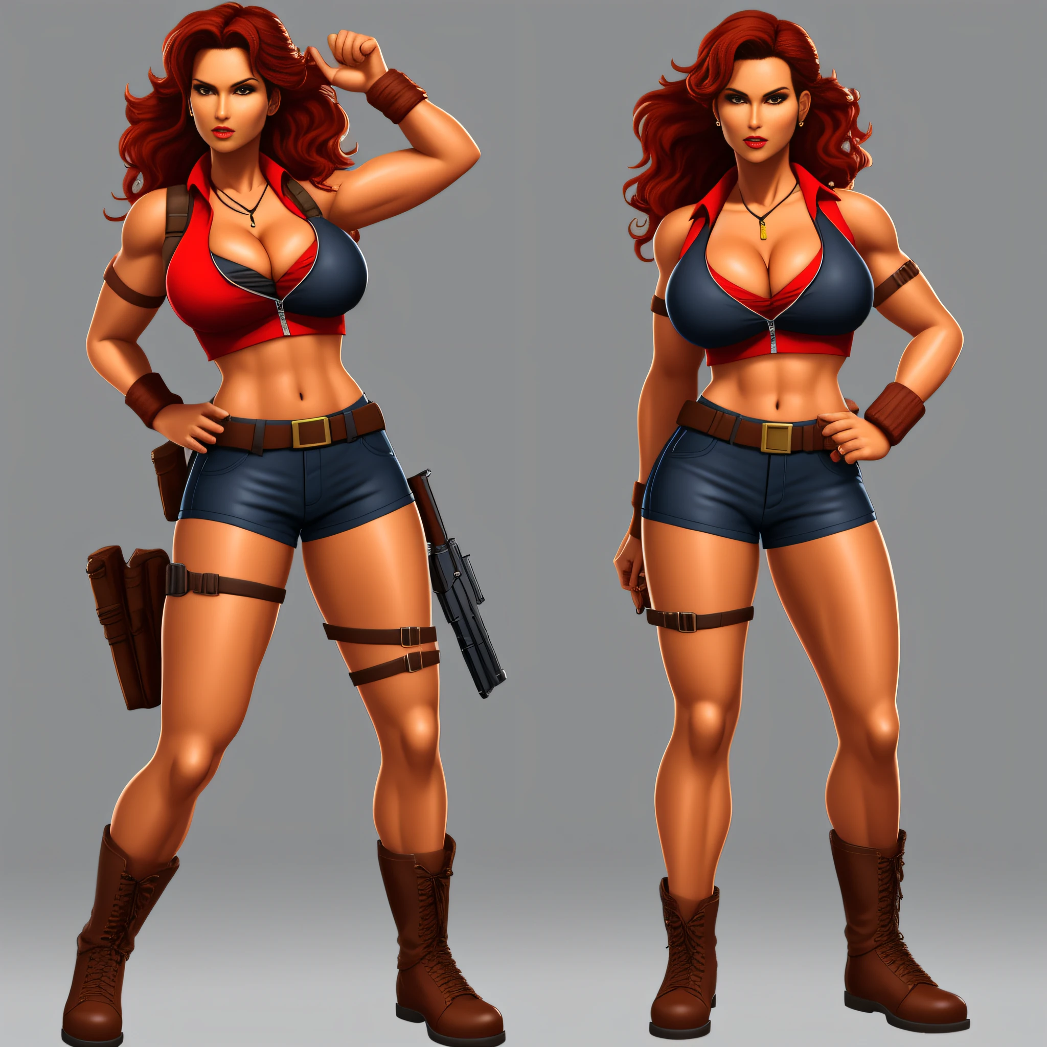 full body portrait, Lara Croft, 1980s \(style\), 1 model, red hair, retro art style, wavy hair, solo, Lara Croft Character, unbutton, superhero, unbutton_shirt, (natural_breasts:1.2), medium_breasts, cleavage, full body shot, detailed face, model pose, shoes visible, ass view, face view,