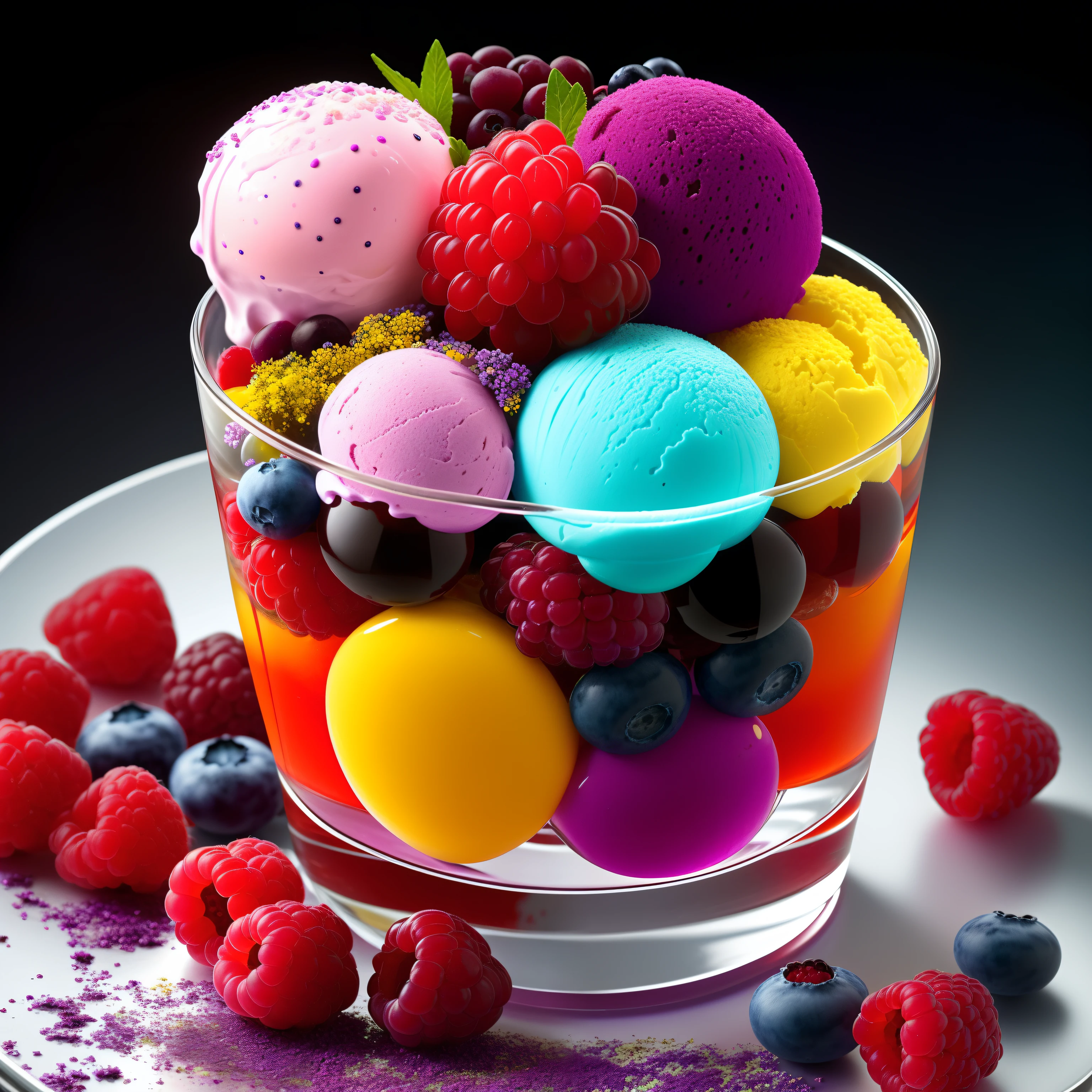 colorful flowers on table,
knickerbocker glory, tall thin glass, colorful ice cream, purple ice cream, raspberries, couli, blueberries, chopped chocolate, icing sugar,  intricate, oil on canvas, masterpiece, expert, insanely detailed, 4k resolution, splash art, concept art, composition, framing, delicate features,