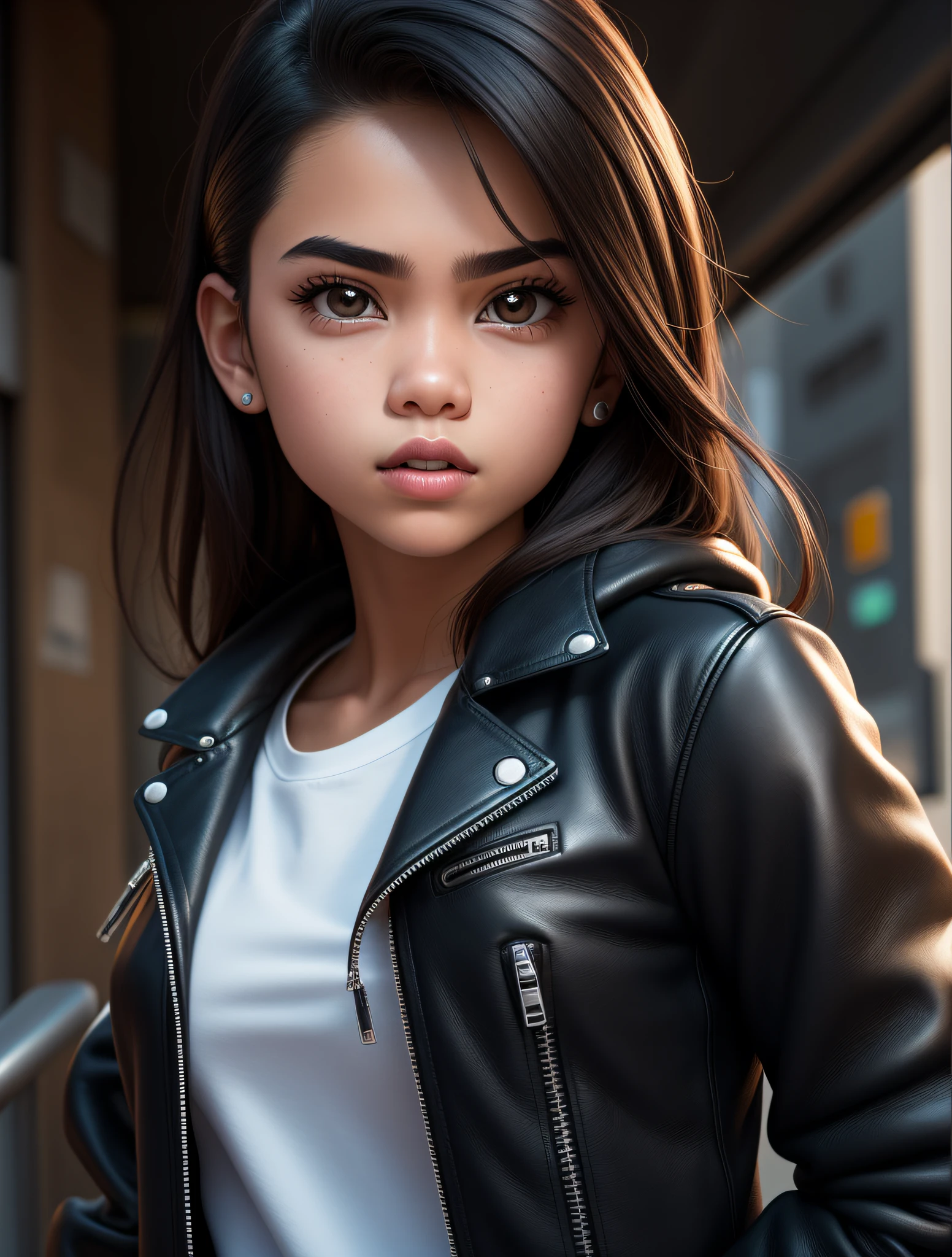 A close-up, portrait of a girl, trending in CGTail, looks like Laura Barriales, dressed in a short leather jacket, portrayed as a Pixar character, computer nerd, Kan Liu, she
