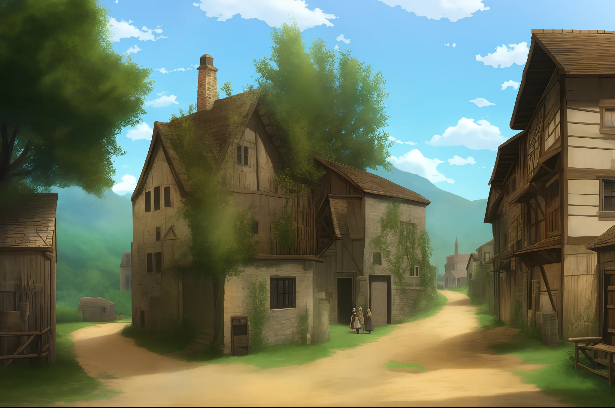 Dirt road with an old medieval village around it, people with vintage clothes in the background all in anime style