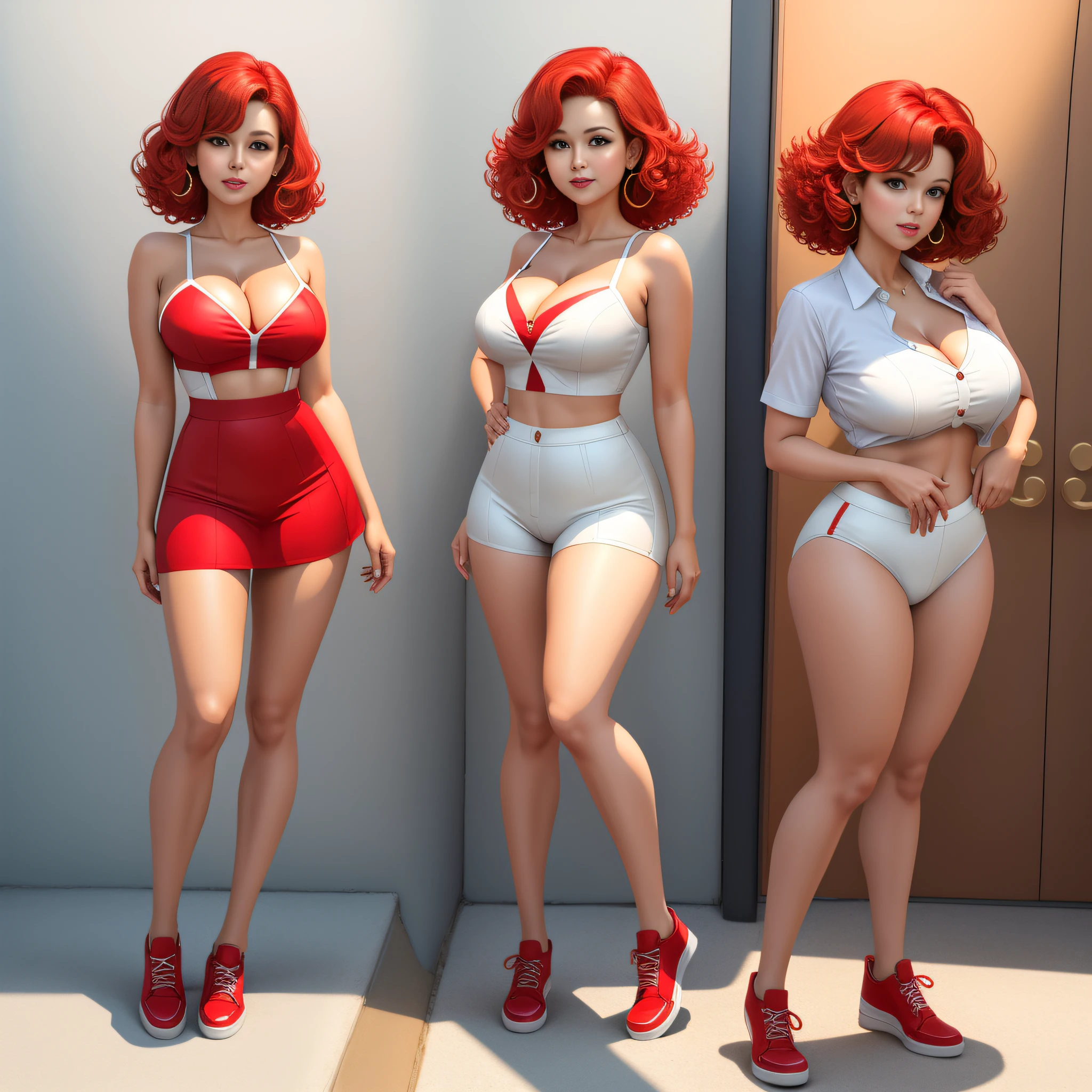 full body portrait, Supergirl 1980s \(style\), 1 anime girl, red hair, retro artstyle, short curly hair, solo, red dress, red shoes, unbutton_shirt, (natural_breasts:1.2), medium_breasts, cleavage, white bra showing, lace white bra, full body shot, model pose, shoes visible, ass view, face view, multiple viwes,