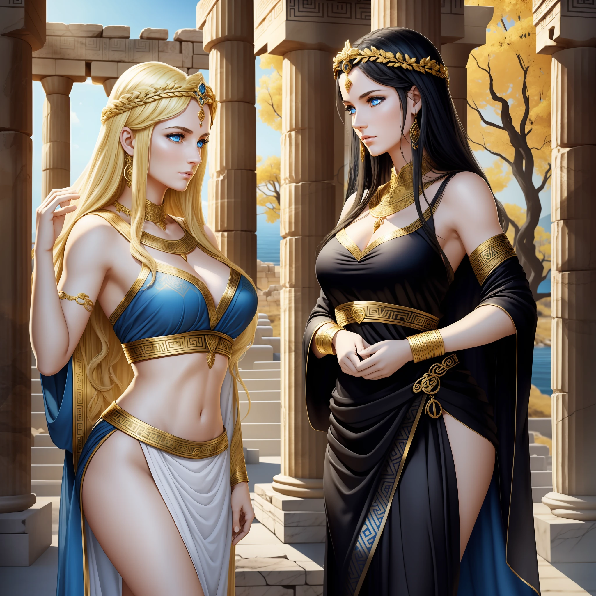 (two goddesses) are chatting intimately in an ancient Greek temple, {the one is goddess of nature and hunt, with (((blonde hair))) and (((blue eyes))), is fair-skinned, is slender, shows off her pair of perfect long legs, wears a sleeveless (very short: 1.6) (white:1.2) tunic with golden borders}, {the other is goddess of witchcraft and magic, with ((black hair)) and ((dark eyes)), is fair-skinned, wears a (black:1.2) robe with golden pattern}, Greek mythology, photorealistic, super high quality, super detail, super hand description, masterpiece, 4K, 8K, HDR