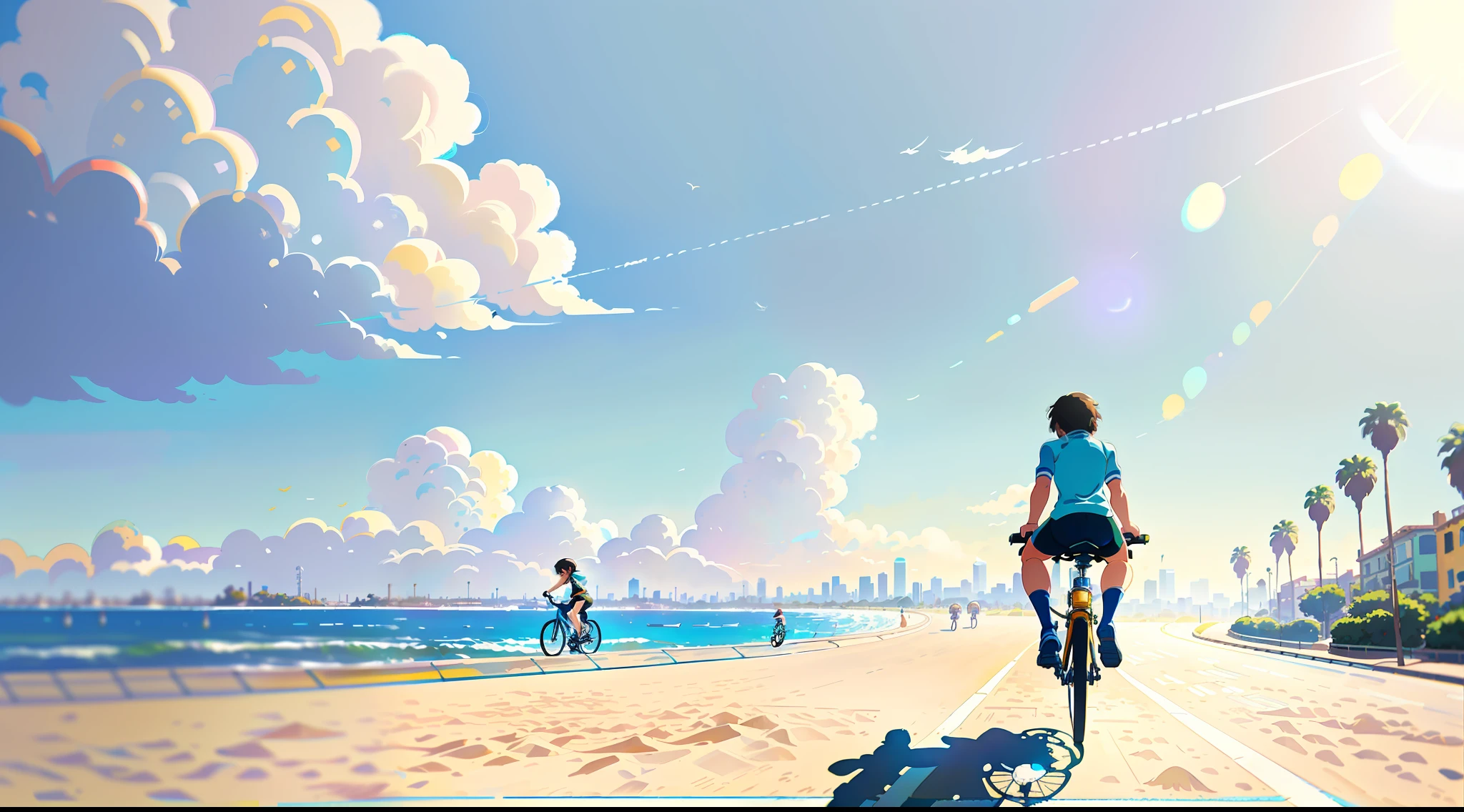 (bike: 1.5), (realistic bike: 1.5), (realistic cyclist: 1.5), front-end cyclist, close-up, lofi landscape, los angeles, venice beach, playground, sun, cloud, bottom view, landscape background, shadows, contrast, makoto shinkai (Best quality:1.3), (Highres:1) Art by Studio Ghibli Style, Vibrant Colors, Impressionism