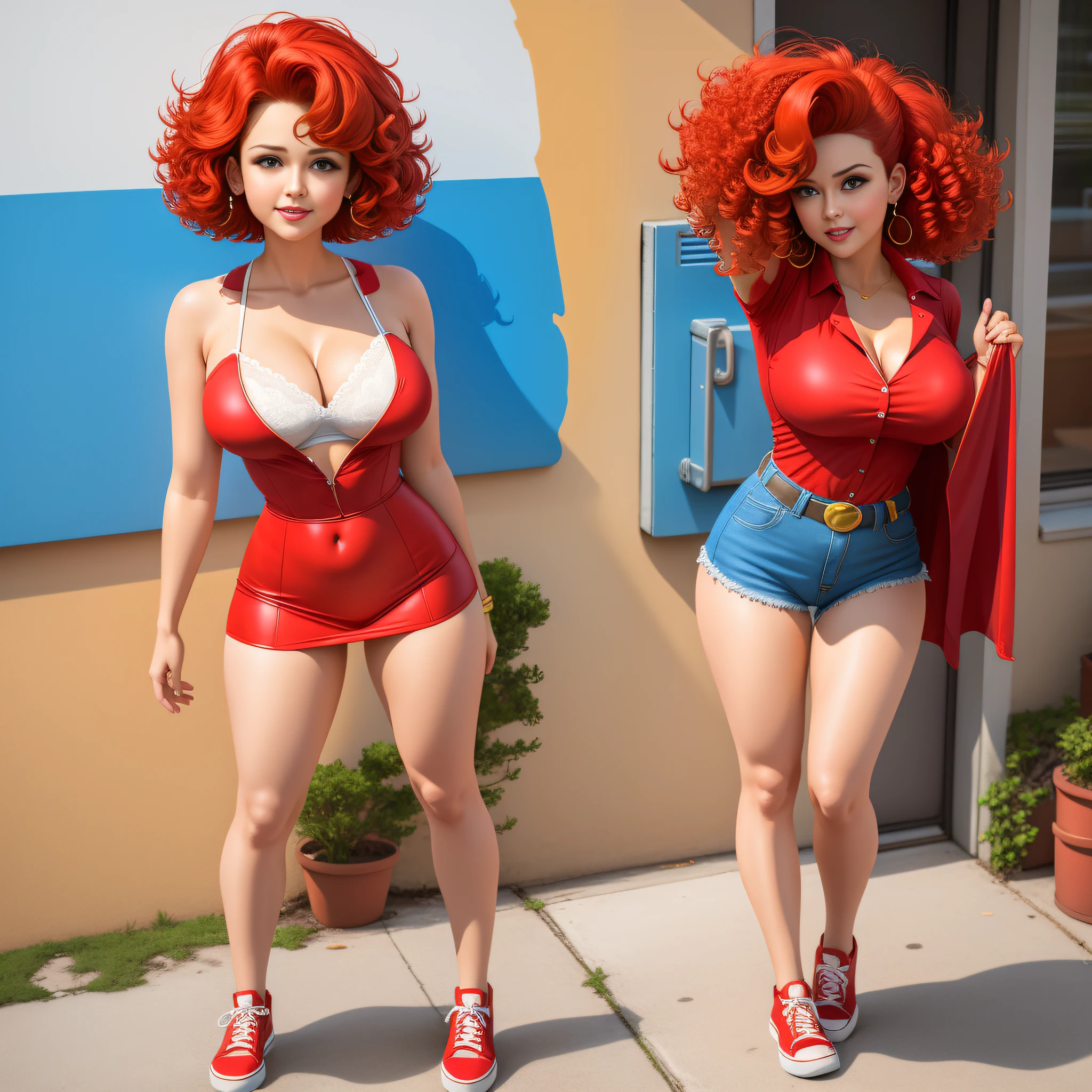 full body portrait, Supergirl 1980s \(style\), 1 anime girl, red hair, retro artstyle, short curly hair, solo, red dress, red shoes, unbutton_shirt, (natural_breasts:1.2), medium_breasts, cleavage, white bra showing, lace white bra, full body shot, model pose, shoes visible, ass view, face view, multiple viwes,
