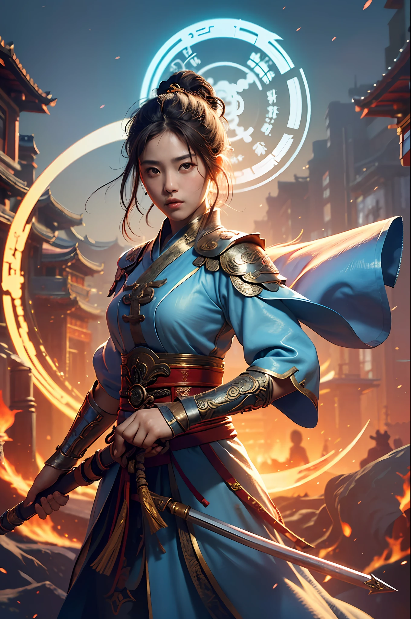 Best Quality, Masterpiece, Ultra High Resolution, (Realistic: 1.4), Xiu Xian, Weapon, Detail Face, 1 Girl, Solo, Weapon, (Magic Circle: 1.2), Xiu Xian, Upper Body, Interact with People, Sharp Eyes, Beautiful Girl, Full Body, East Asian Architecture, Sheath, Architecture,