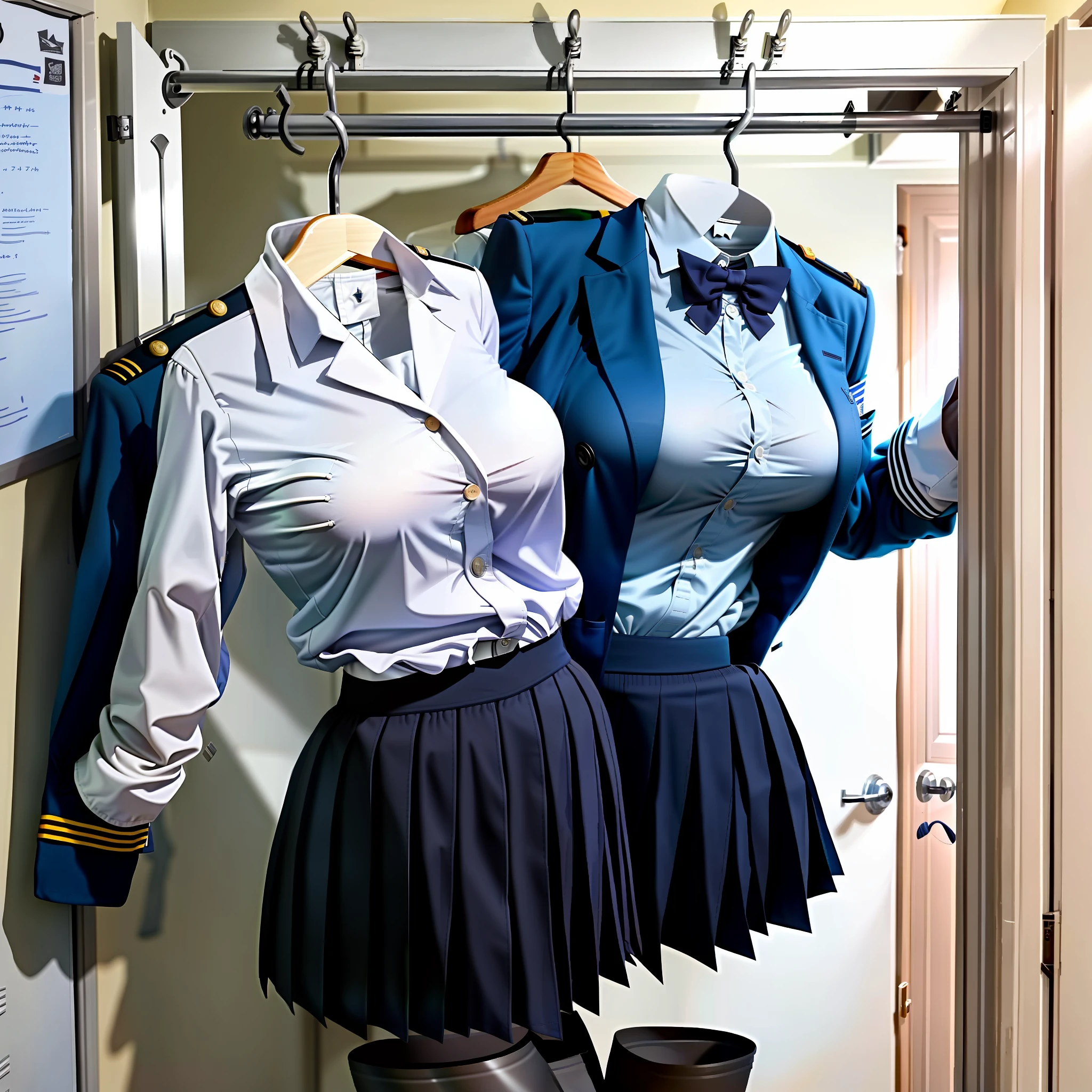 Invisible girls, world without humans, headless, sailer uniforms, (realistic: 0), headless, empty, handless, headless, invisible girls, school uniforms with cleavages, school sweater, empty clothes, invisible body, invisible head, empty clothes, invisible girl, uniforms, invisible body, invisible head, school uniforms has big breasts, tights, hanger school uniforms in a closet swells as if invisible busty girls are wearing them, girl's busty uniforms begin to pose on its own as if worn by invisible girls, school uniforms with vests