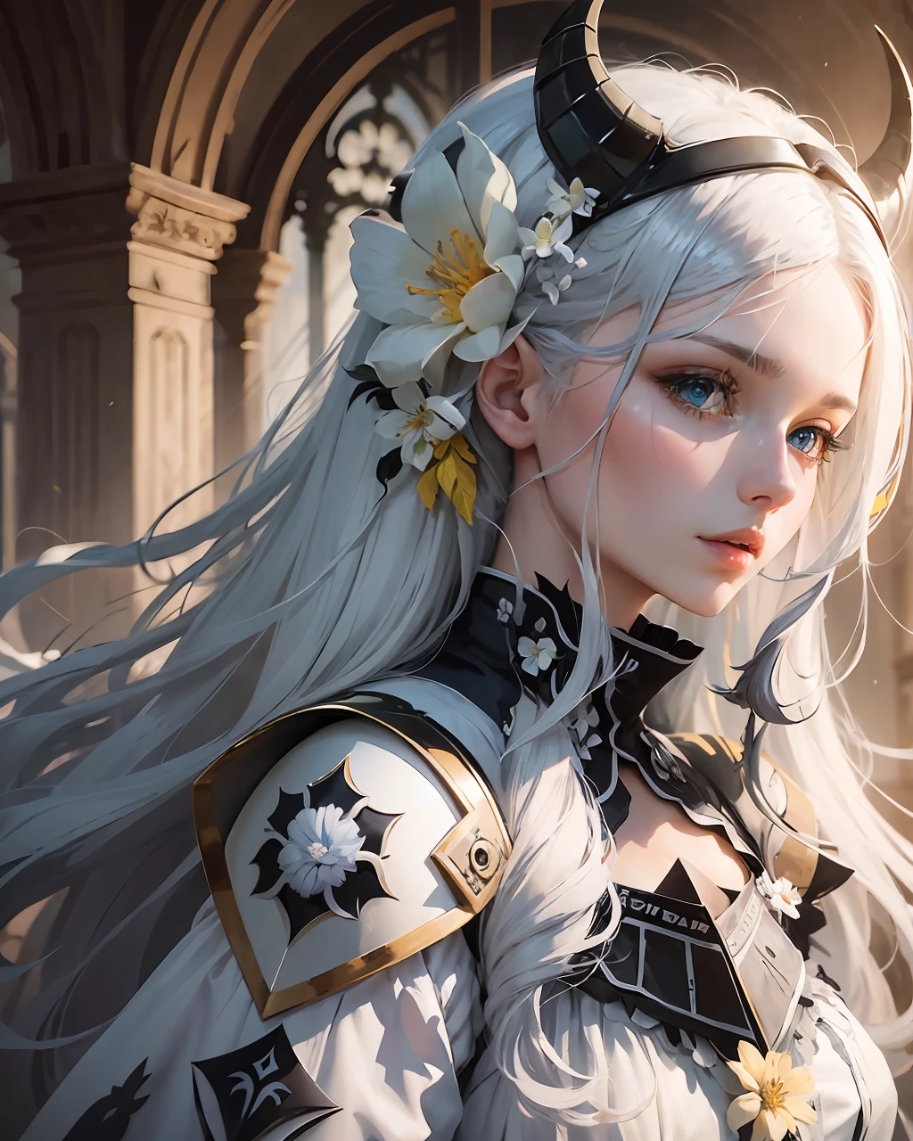 beautiful girls,cecilia schariac,4D,digital art,black abyss,white flower,white long hair,blue eyes,battlesuit,wearing a horn like hairpin on her head,along with a yellow,upscale --auto --s2