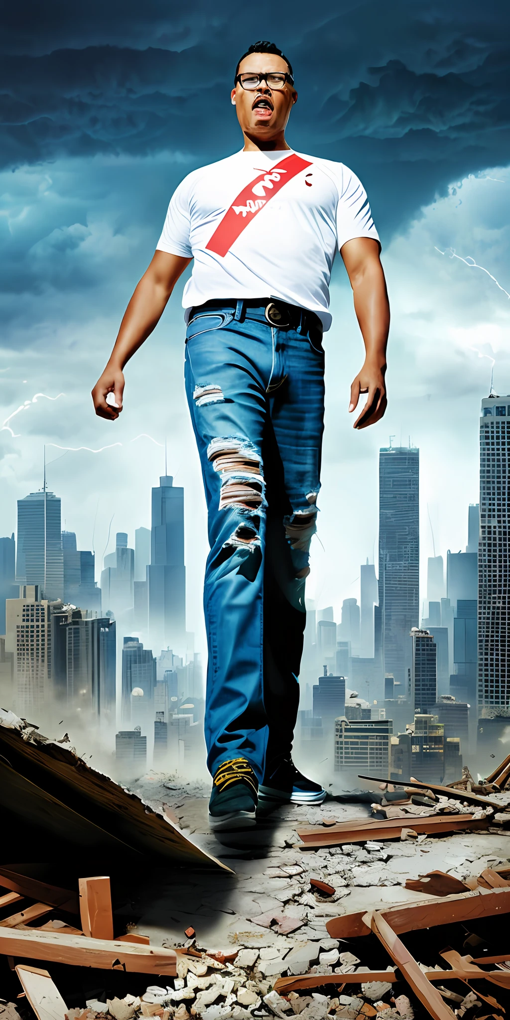 guttonerdvision4, Fanciful illustration of a man with glasses 40 meters tall, ((expression of anger)) super detailed, detailed skin and face, ((ripped jeans)), ((torn white shirt)), giant, ((nervous)), destroying the buildings of a city. Little people around, Pieces of rubble everywhere, sky with lightning and thunder, Illustration fanciful, magical, ultra detailed, depth of field for more realism, detailed, cinematic, 8k, aerial vision, Illustration by Alex Ross