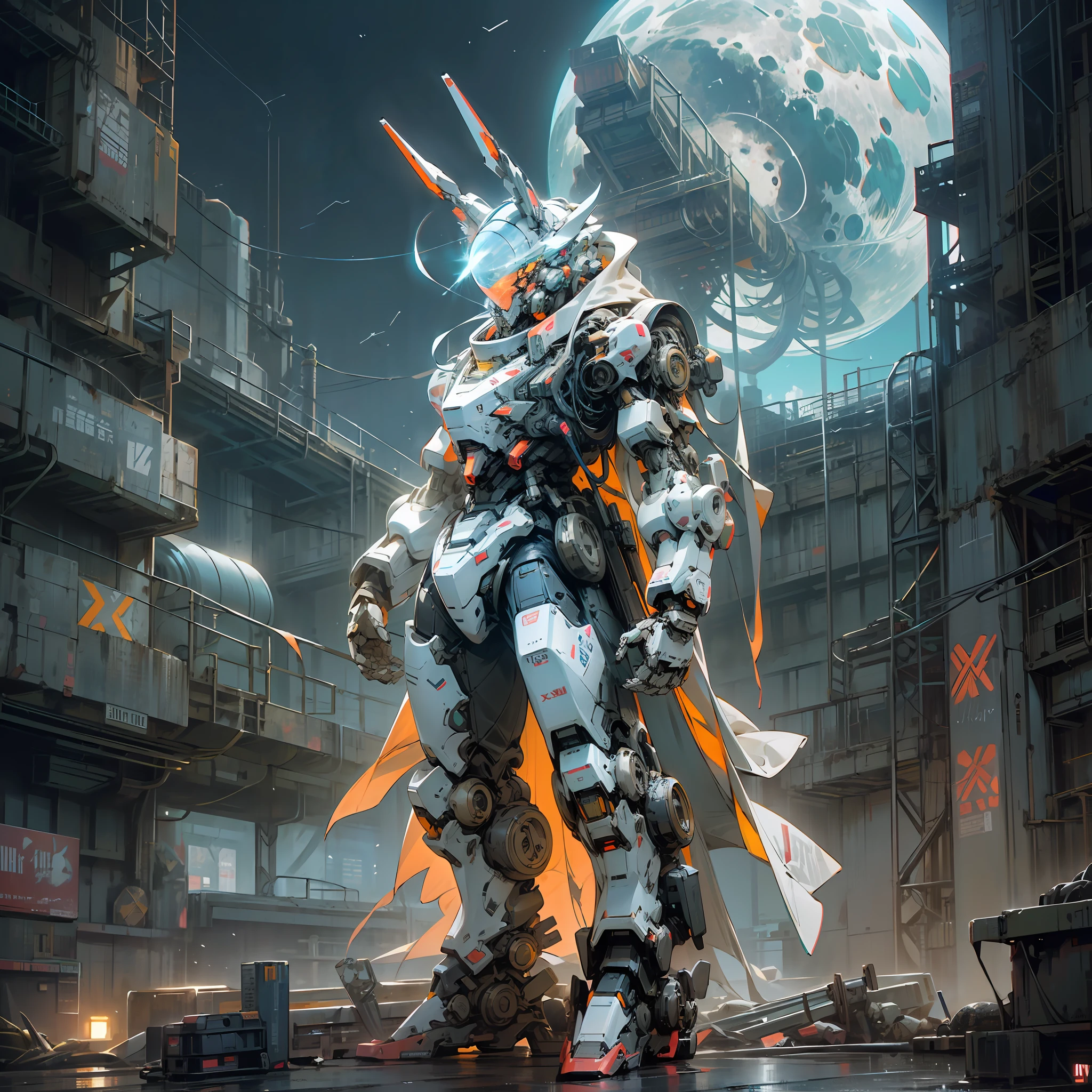 On the Moon, Barren Planet, Ruins, Holding Weapons, No Humans, Glowing, Full Body, Robot, Light Mech, Head in Mechanical Style Rabbit Head, Building, Glowing Eyes, White Mech, Science Fiction, City, Reality, Mecha, Galactic Background, Neon, Cyberpunk