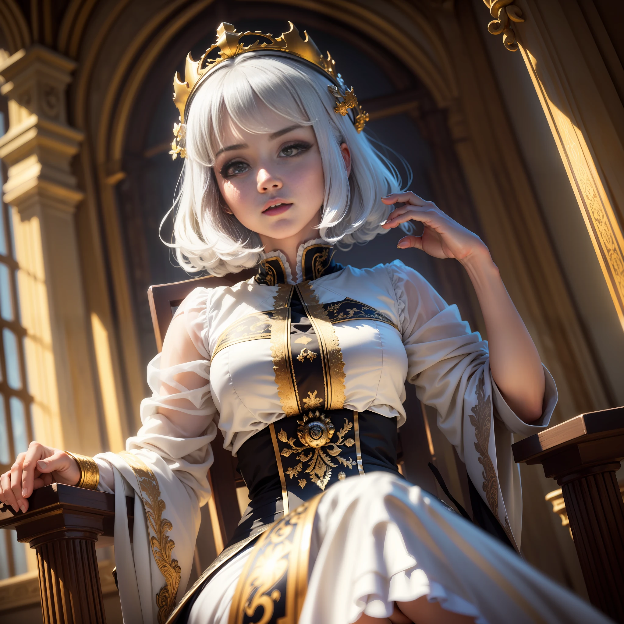 (Masterpiece:1.2), best quality, (illustration:1.2), (ultra-detailed), hyper details, (delicate detailed), (intricate details), (cinematic light, best quality Backlights), clear line, from below, soloist, perfect body, (1girl), white hair and yellow eyes, (emperor, black see-through clothes), (crown: 1.1), sitting on the throne, eyes slightly closed, head down, (shy: 1.2 ), (makeup), high contrast, (best illumination, an extremely create and beautiful), (cinematic light), colorful,