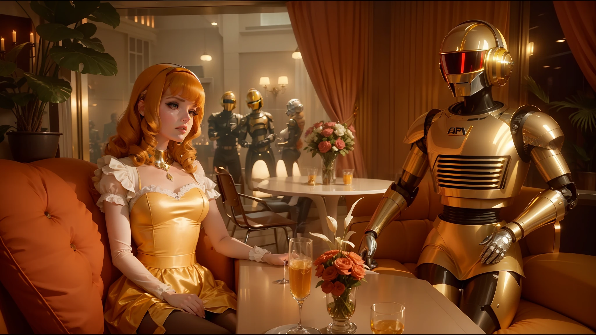 arafed robot sitting on a couch next to a woman in a dress, still frame from a movie, lana del rey, chrome outfit, wearing honey - themed miniskirt, man from uncle, jenny seville, official screenshot, diner scene, wig, portrait of daft punk, colorgrading --auto --s2