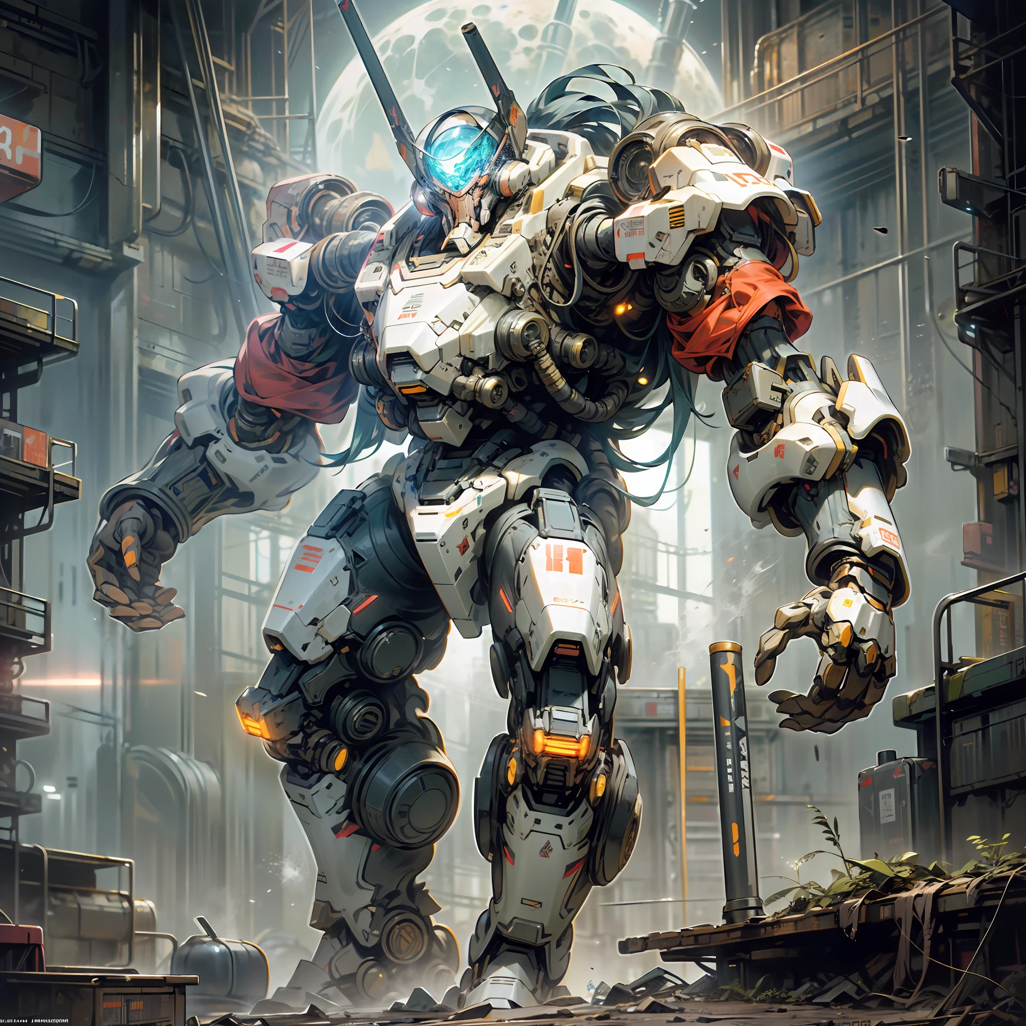 On the moon, barren planet, ruins, mecha warriors transformed by chimpanzees, thick and powerful long arms, strong lower limbs, multiple barrels all over the body, no humans, glowing , full body, humanoid mech, spiny, architecture, glowing eyes, science fiction, cities, reality, mecha, galactic background, neon lights, cyberpunk