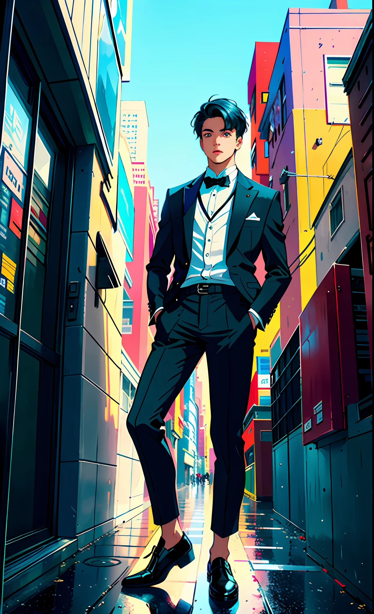 On a street in a modern city, a confident and stylish young man stands at the top of a high-rise building, his feet firmly on the glass curtain wall. Dressed in fashionable clothing, holding a mobile phone, his gaze is confident and energetic.
[3] = The urban environment is full of modern and busy atmosphere, with high-rise buildings and constant traffic, creating a vibrant and creative scene.
[4] = The young man's face is full of confidence and adventurous spirit, revealing an attitude of pursuing dreams and breaking the rules. His presence is uplifting and motivating.
[5] = Photography, using bright colors and clear details to express the modernity of the city and the vitality of young people.
[6] = Use professional photographic equipment and appropriate photographic techniques to achieve photographic results. Use bright colors to highlight the modernity of the city and the vitality of young people. Enhance the realism and vividness of the picture by capturing clear details.