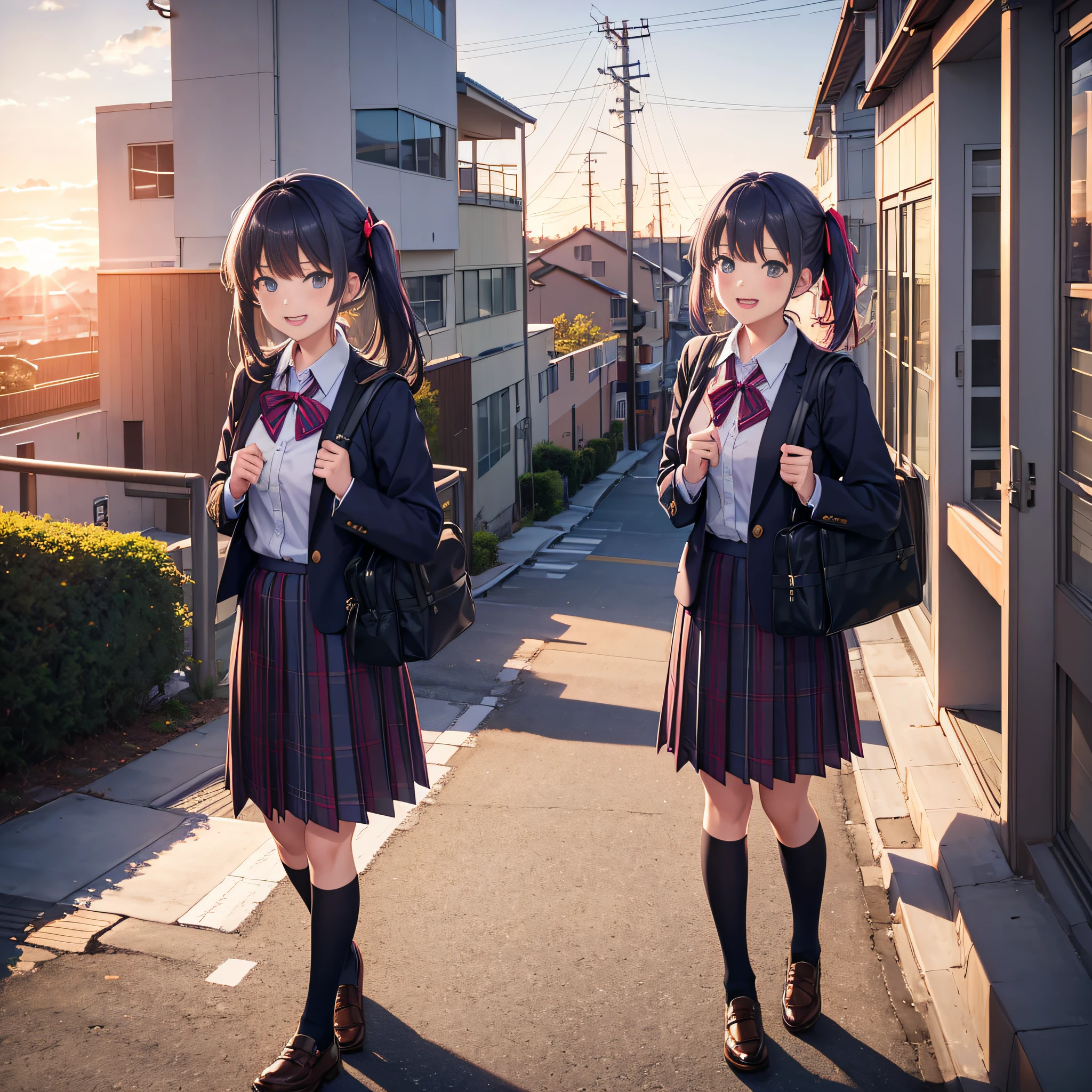 1 nogizaka woman, high school uniforms, with school bag, tartan check, random hair, hair ribbon, laughing to viewer, the way from school to home, cinematic lighting, sunset, (8k, masterpiece, best quality, raw photo)