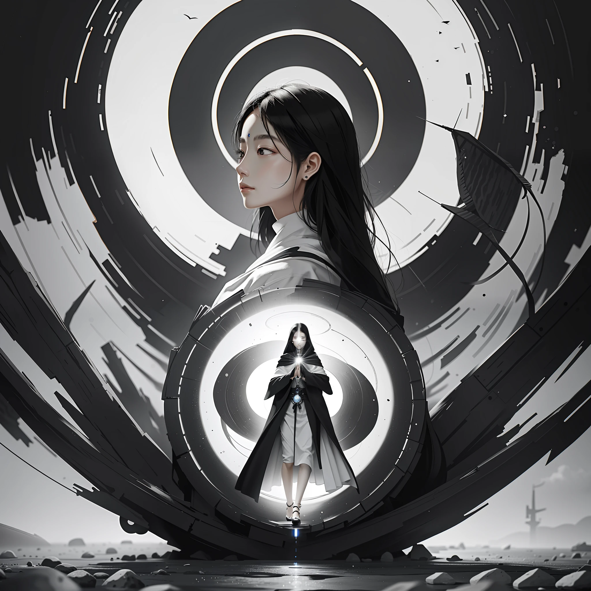 black and white, masterpiece, best quality, zen, minimalism, back of a woman in cloak, rim_light, floating, a big circular object in head, totem, stones, arcane, an ultrafine detailed painting, psychedelic art,