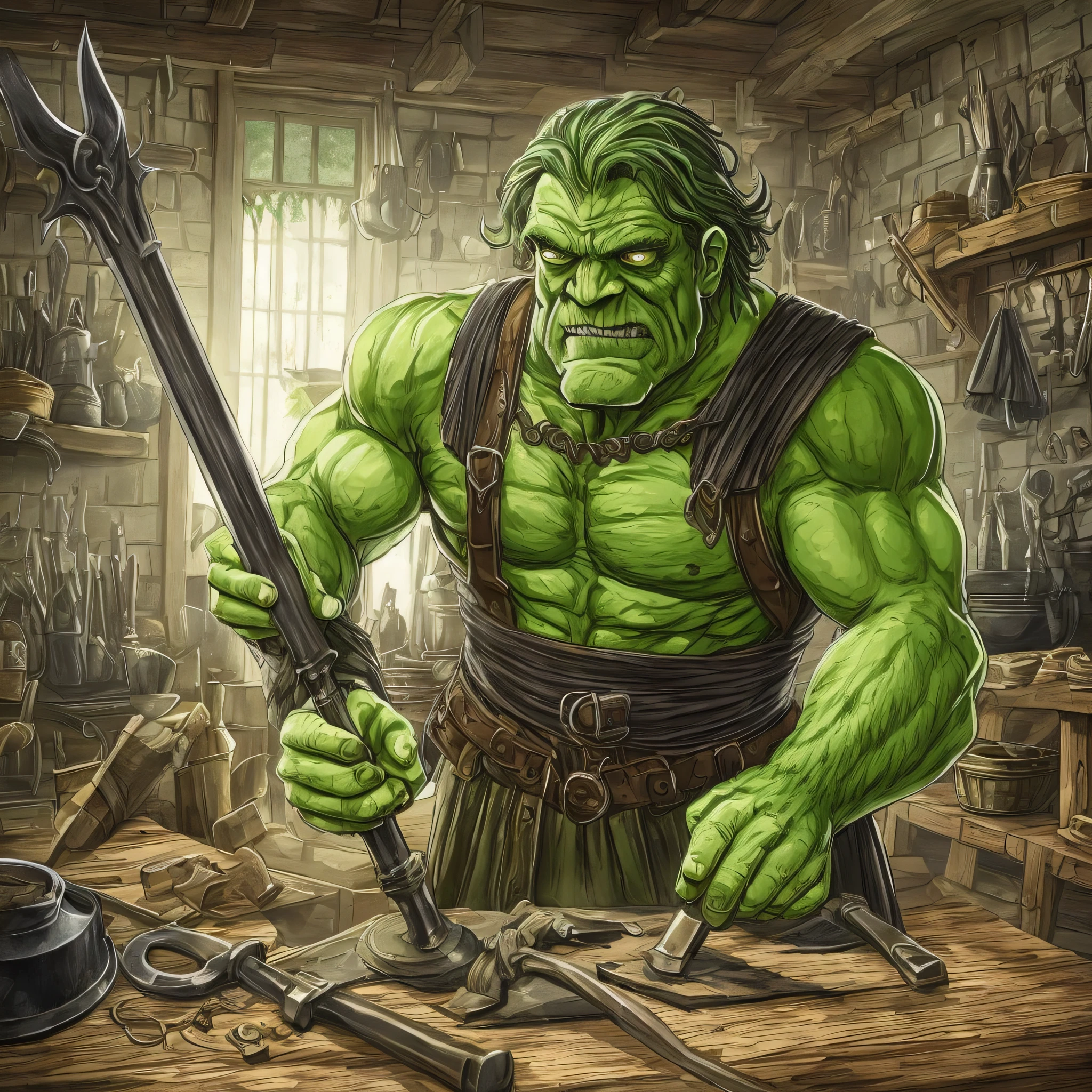 Medieval green Frankenstein monster with a blacksmith's apron with a hammer in hand --auto --s2