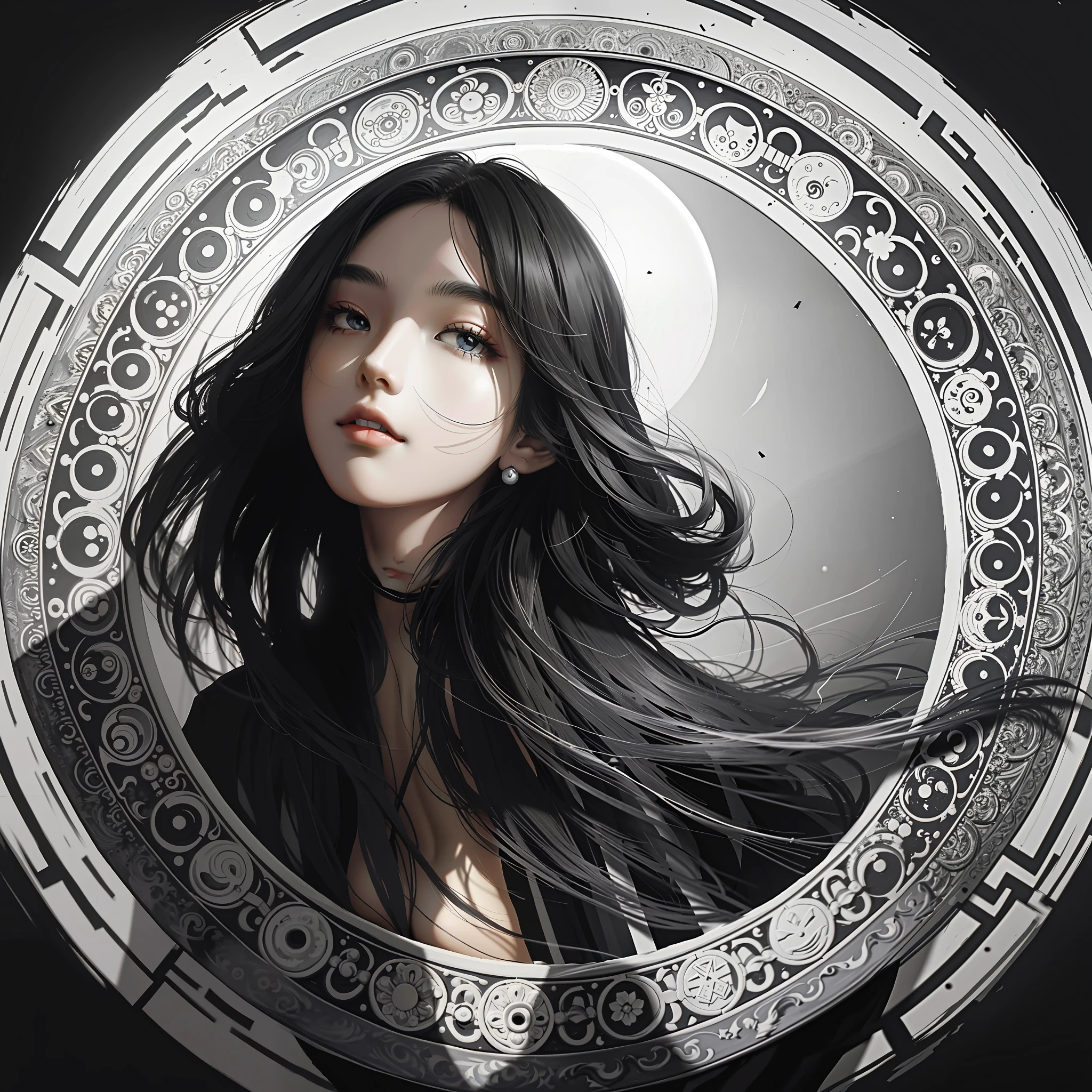 black and white, masterpiece, best quality, zen, minimalism, back of a woman in cloak, rim_light, floating, a big circular object in head, totem, stones, arcane, an ultrafine detailed painting, psychedelic art,