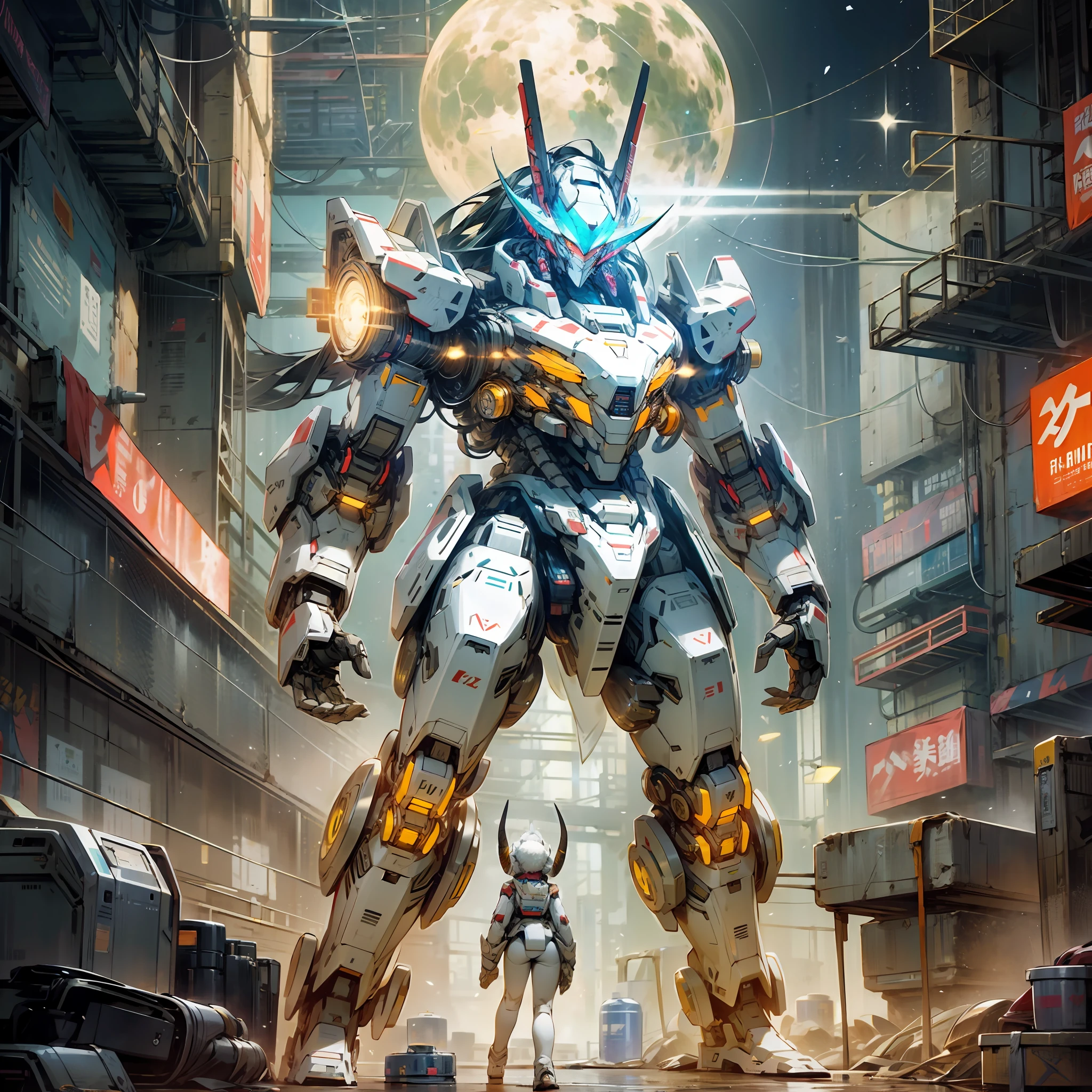 On the moon, barren planet, ruins, a mecha warrior transformed by a goat, white, thin body, no human, luminous, full-body, humanoid mecha, head is a biochemical goat sheep's head, with curved goat horns on the head, architecture, glowing eyes, science fiction, cities, reality, mecha, galactic background, neon, cyberpunk