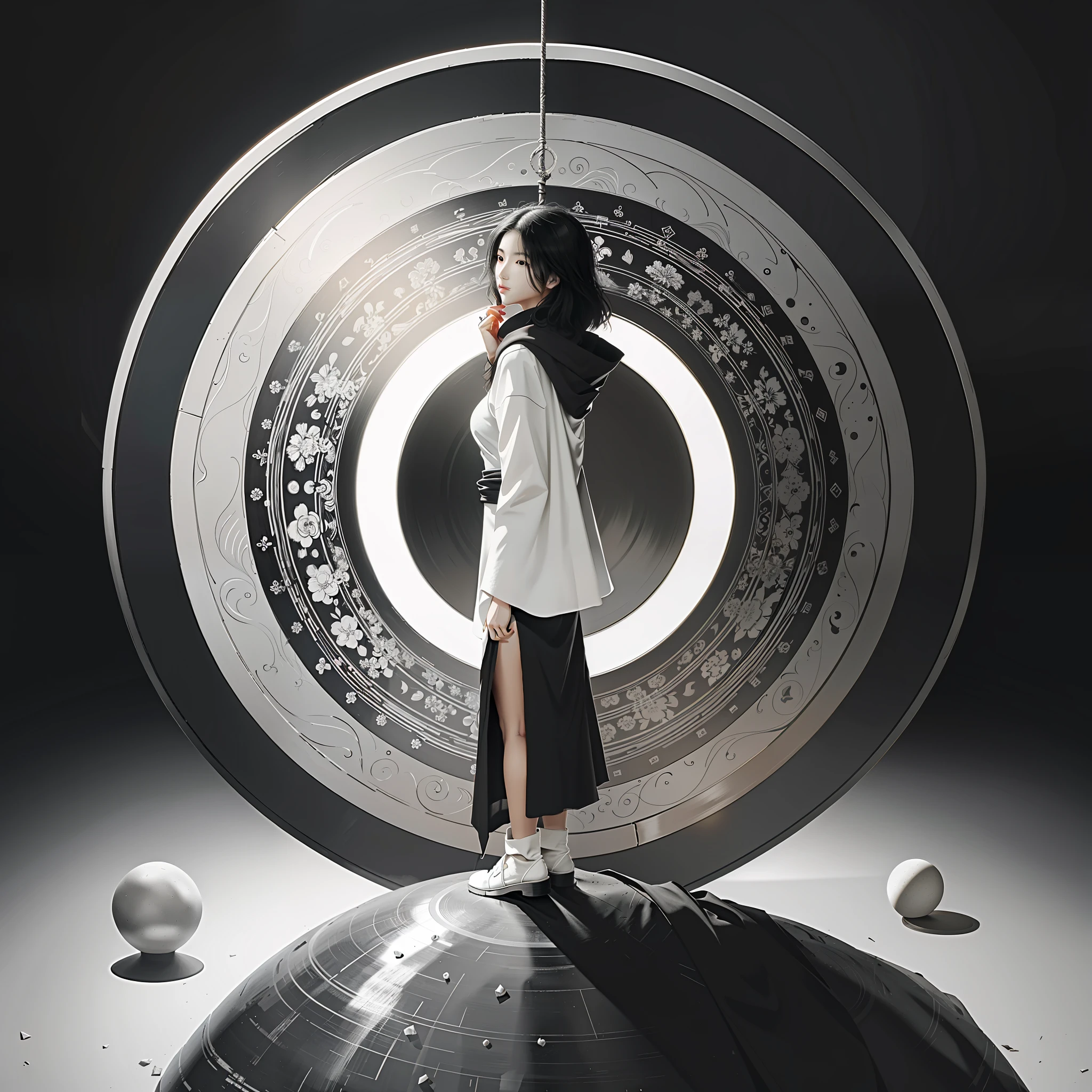 black and white, masterpiece, best quality, zen, minimalism, back of a woman in cloak, rim_light, floating, a big circular object in head, totem, stones, arcane, an ultrafine detailed painting, psychedelic art,