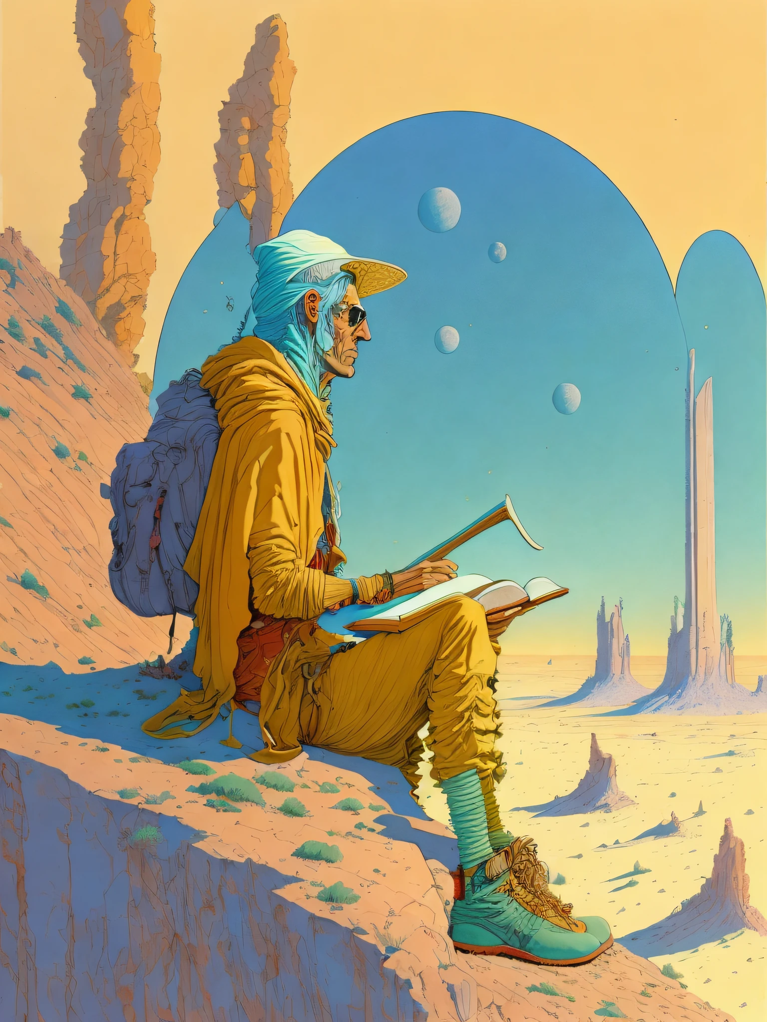 a painting of a person sitting on a cliff with a big book in the background by Moebius Jean Giraud