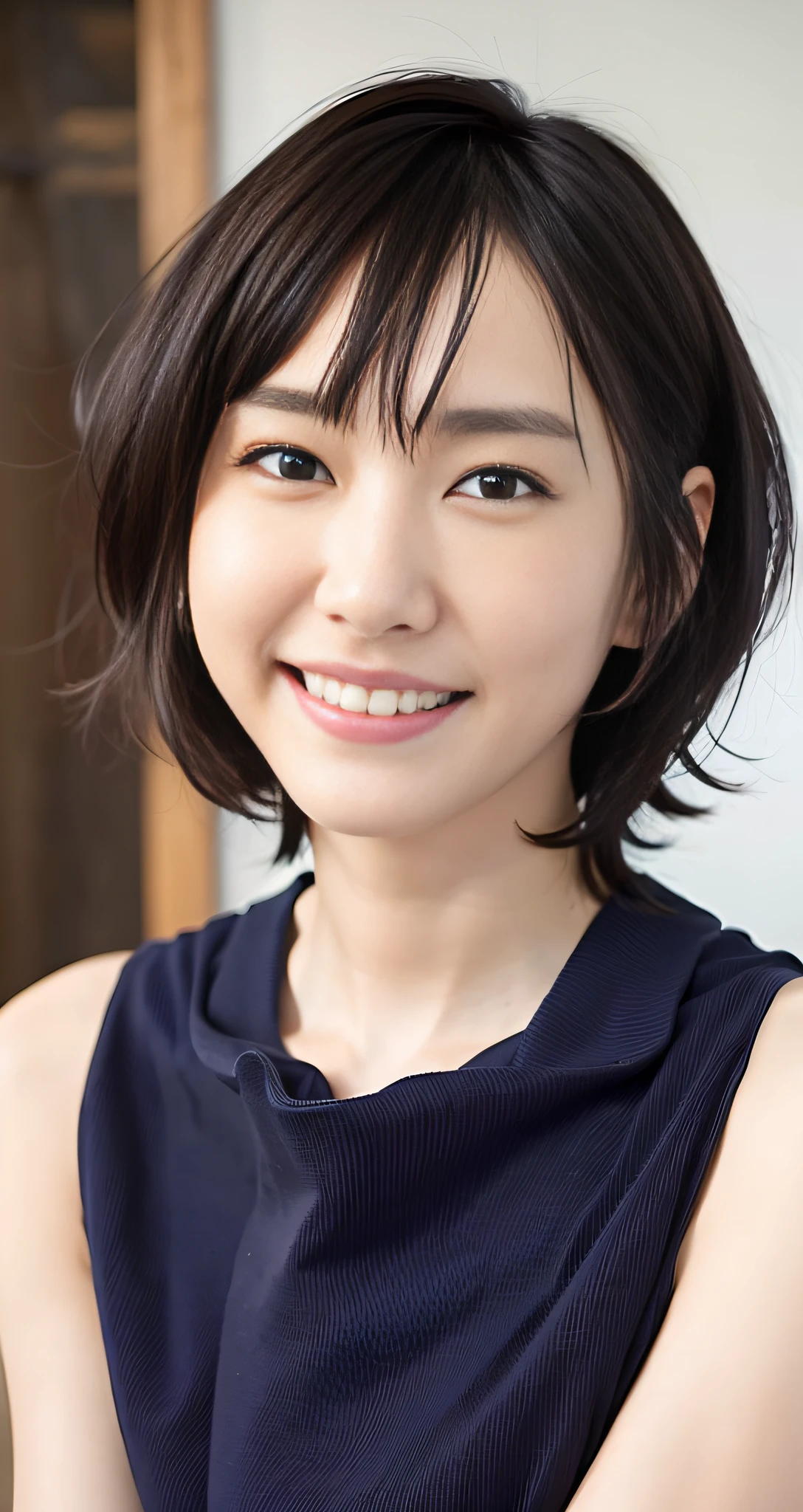 best quality, masterpiece, ultra high res, (photorealistic:1.4), raw photo, 1girl, beautiful Japanese woman, beautiful skin, black hair:1.7, gakki, ((short hair:1.5)), 30 years old, happy laughing:1.2, micro bikini