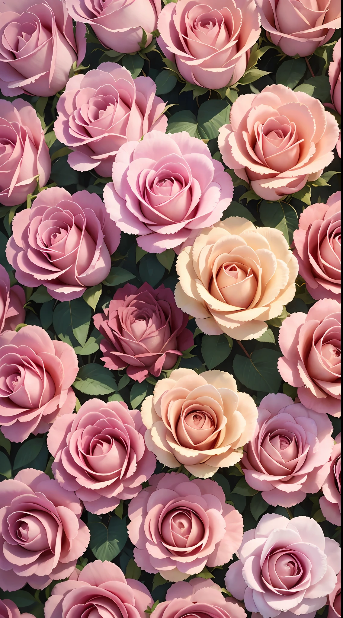 On a sunny day, 1000 pink roses of the same size bloom, beautiful petals, transparent, aerial photography, soft, soft, romantic, quiet, delicate, ultra-high resolution and ultra-HD panoramic images, photo realistic, 16K --v 5 --ar 2:3 --auto --s2