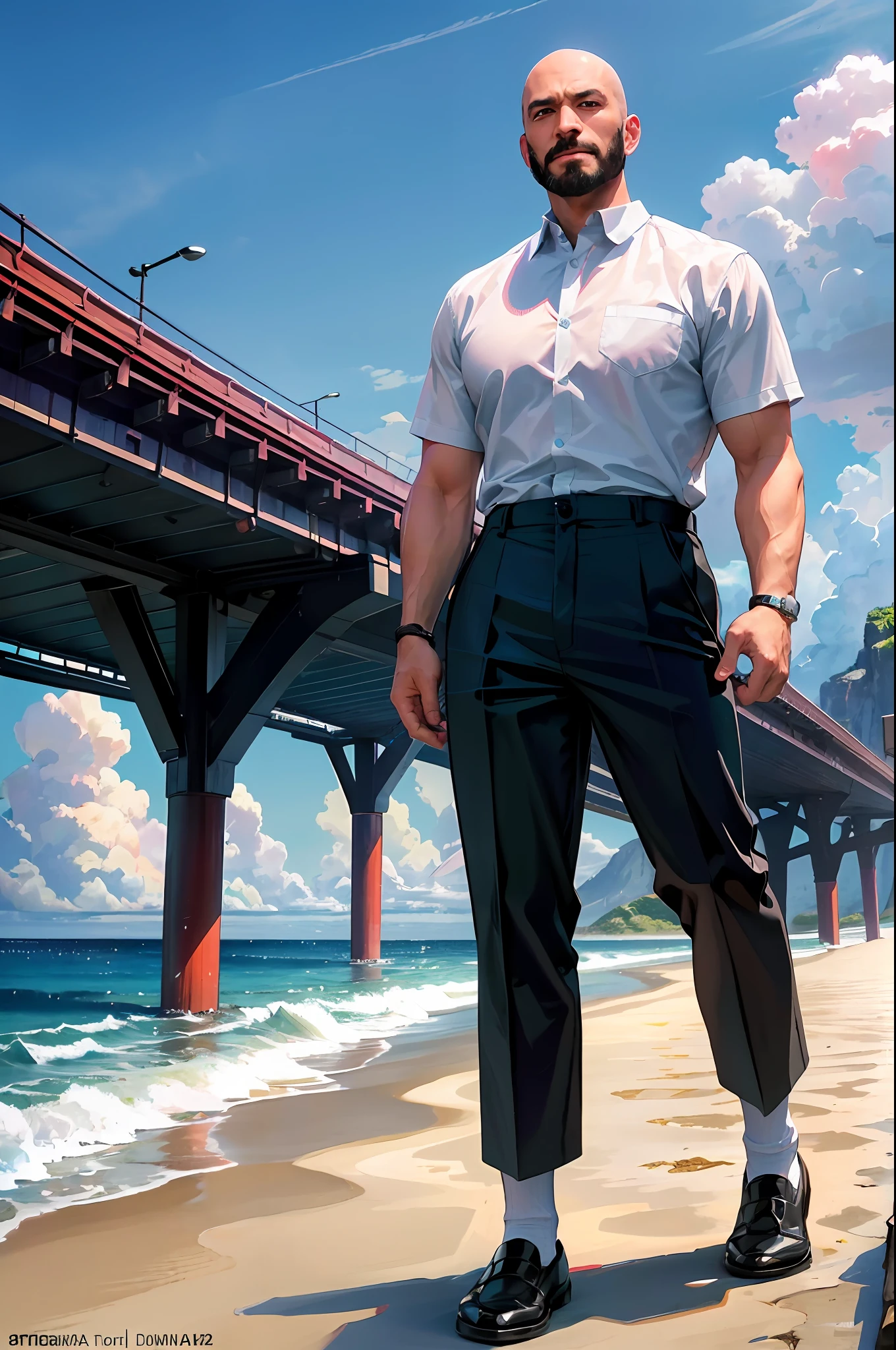 ultra detailed, highres, (realistic, photo-realistic: 1.4), 8k, raw photo, (masterpiece), (best quality), physics-based rendering, bald man 22 years, dark eyes, Korea, beach, looking, sock, camisa_branca_estampada,