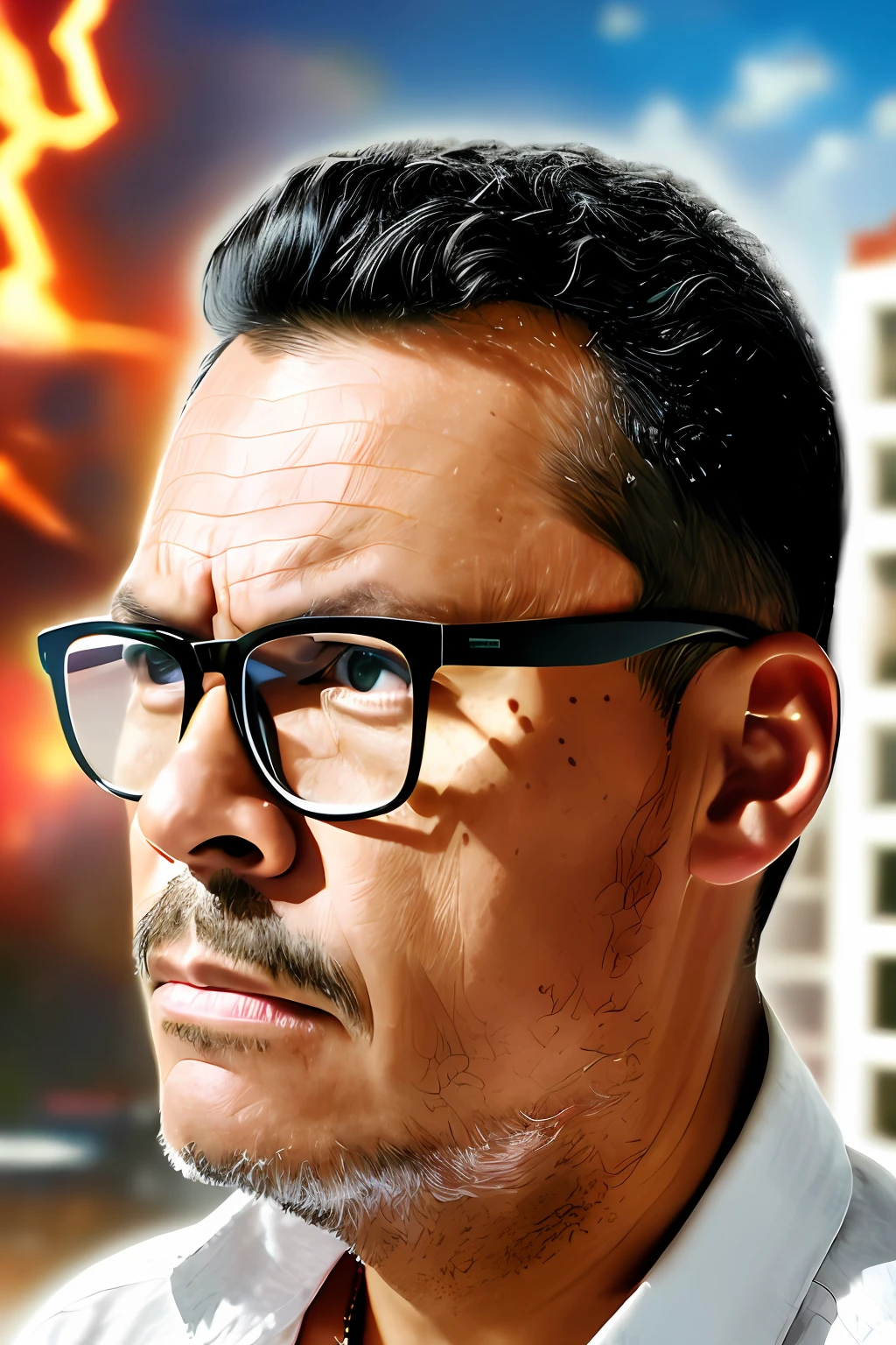 guttonerdvision4, Fanciful illustration of a man with glasses 40 meters tall, ((expression of anger)) super detailed, detailed skin and face, ((ripped jeans)), ((torn white shirt)), giant, ((nervous)), destroying the buildings of a city. Little people around, Pieces of rubble everywhere, sky with lightning and thunder, Illustration fanciful, magical, ultra detailed, depth of field for more realism, detailed, cinematic, 8k, Illustration by Alex Ross