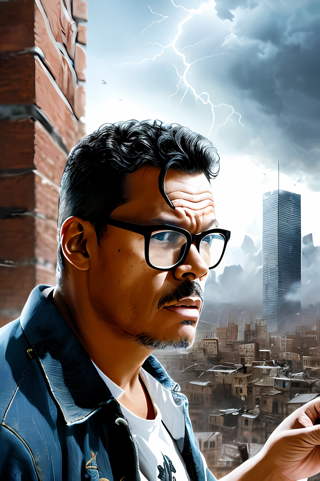 guttonerdvision4, Fanciful illustration of a man with glasses 40 meters tall, ((expression of anger)) super detailed, detailed skin and face, ((ripped jeans)), ((torn white shirt)), giant, ((nervous)), destroying the buildings of a city. Little people around, Pieces of rubble everywhere, sky with lightning and thunder, Illustration fanciful, magical, ultra detailed, depth of field for more realism, detailed, cinematic, 8k, Illustration by Alex Ross