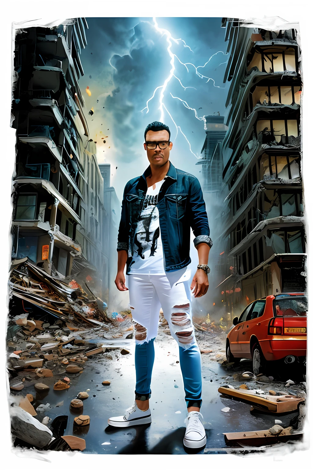 guttonerdvision4, Fanciful illustration of a man with glasses 40 meters tall, ((expression of anger)) super detailed, detailed skin and face, ((ripped jeans)), ((torn white shirt)), giant, ((nervous)), destroying the buildings of a city. Little people around, Pieces of rubble everywhere, sky with lightning and thunder, Illustration fanciful, magical, ultra detailed, depth of field for more realism, detailed, cinematic, 8k, Illustration by Alex Ross