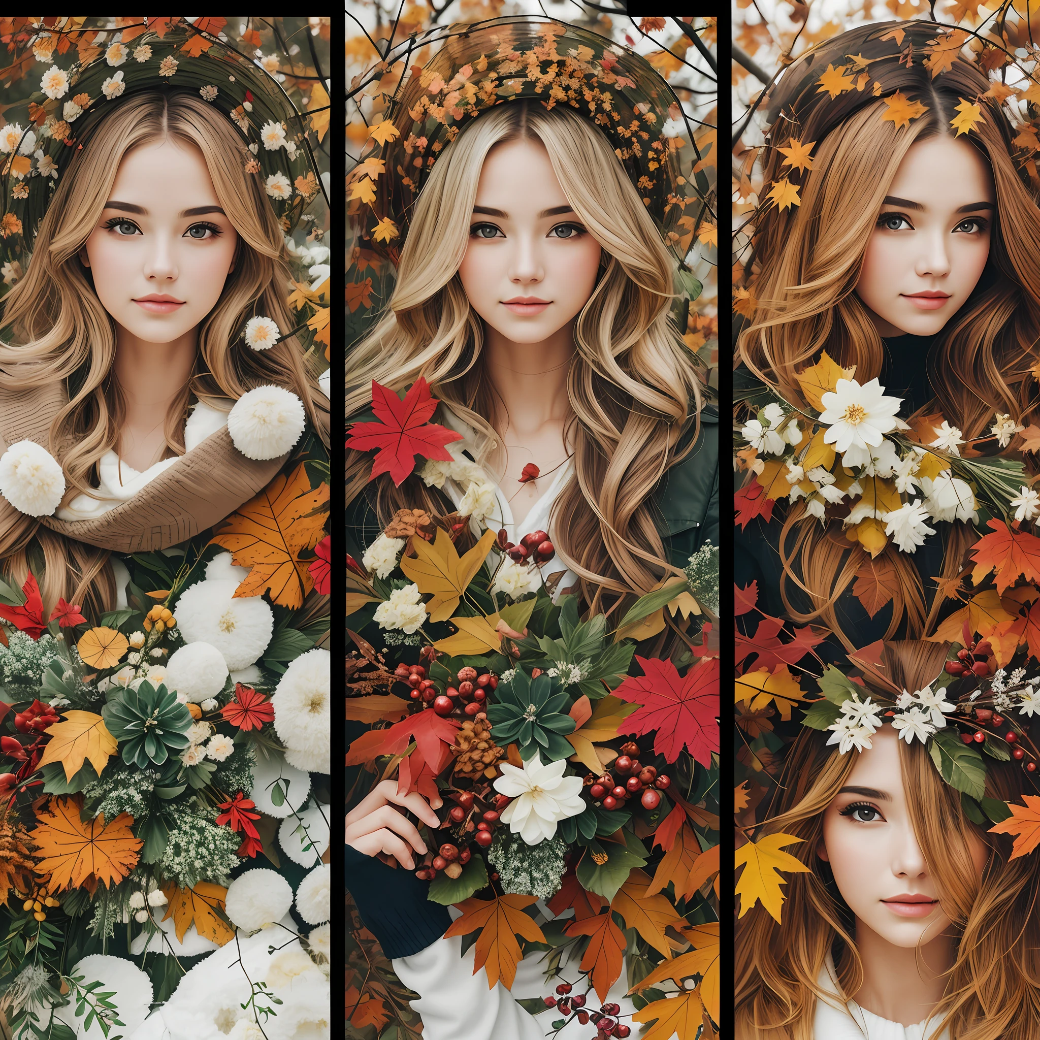 Women looks as all seasons autumn, summer, winter, spring, background as all four seasons