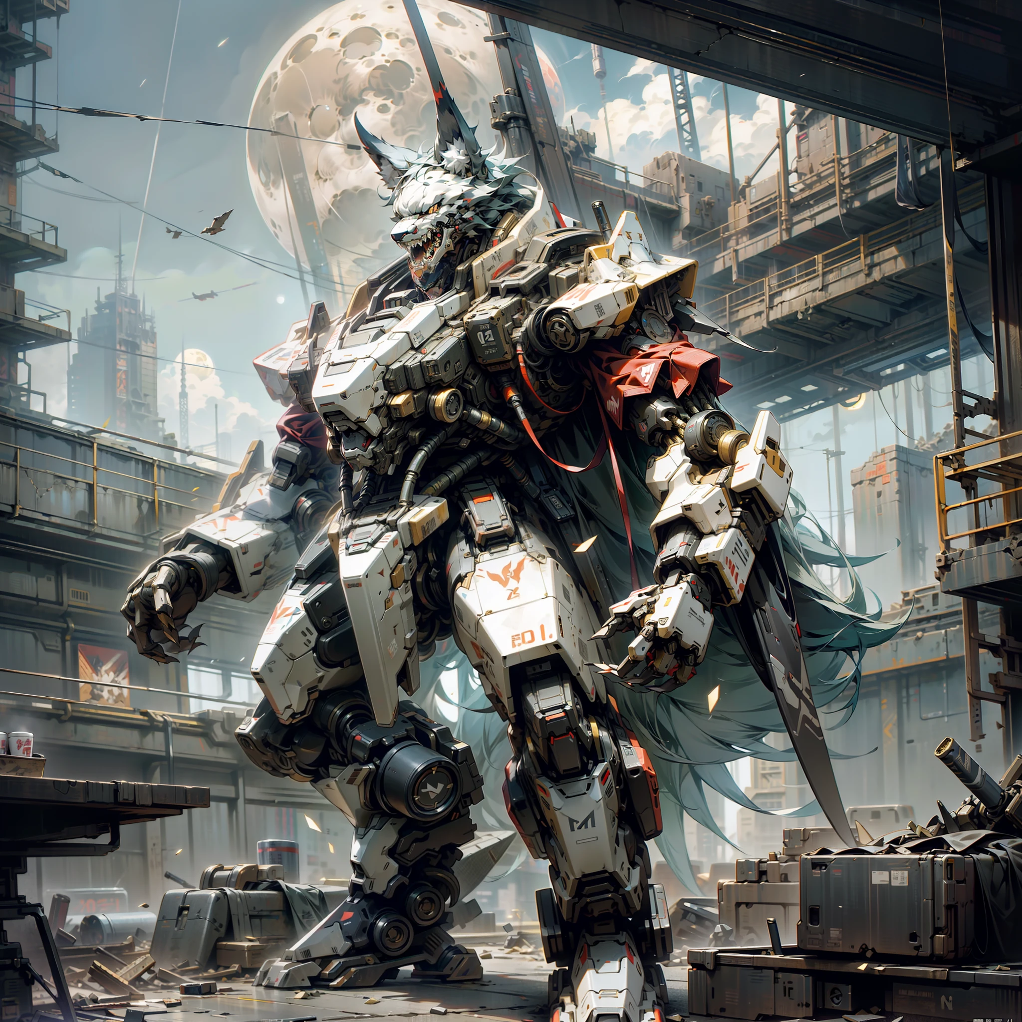 Cyberpunk, best quality, masterpiece, wolf mecha, unmanned, full body, wolf head, teeth, claws, mechanical marvel, strong, moon, ruined city, highest quality digital art, stunning art, wallpaper 4k, highly detailed, military robot, army, war zone, dynamic lighting, movie, epic, damaged mechanical parts --auto --s2