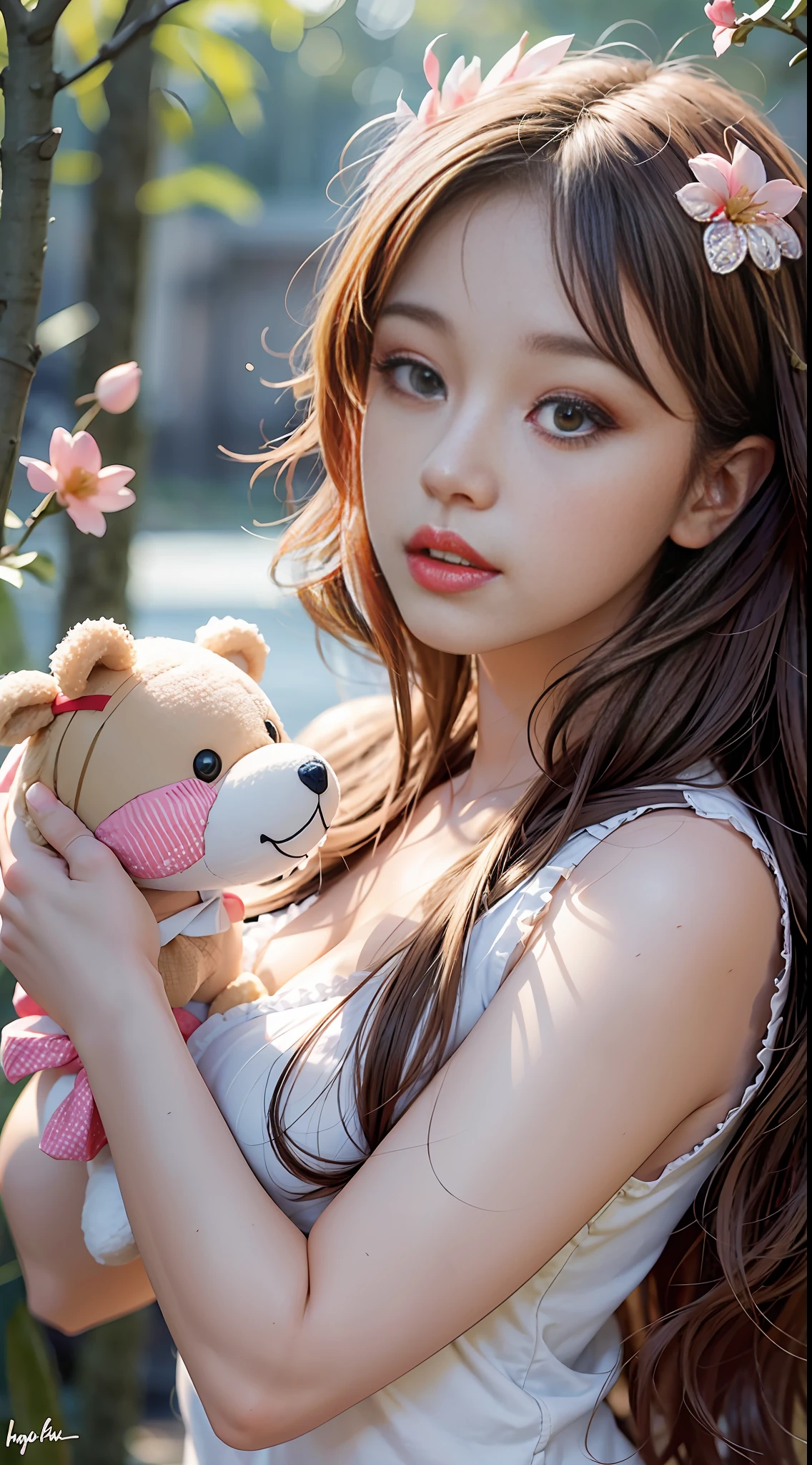 1 Girl Walking on the River, Mix 4, Sweater, Pillow, Lips, open_mouth, Realism, photo_\(Medium\), Solo, stuffed_animal, stuffed_toy, teddy_bear, (Masterpiece), (Realistic: 1.3), Ultra Detail, (High Detail Skin: 1.2), (Best Quality: 1.0), (Ultra High Resolution: 1.0), (Ulzzang-6500:0.3), Wavy Detail Hair , Long hair, Sunshine, (beautiful detail makeup), (Sexual arousal blush heavy breath: 1.0), Floral-themed petals scattered, (Soft glow flood:0.5)