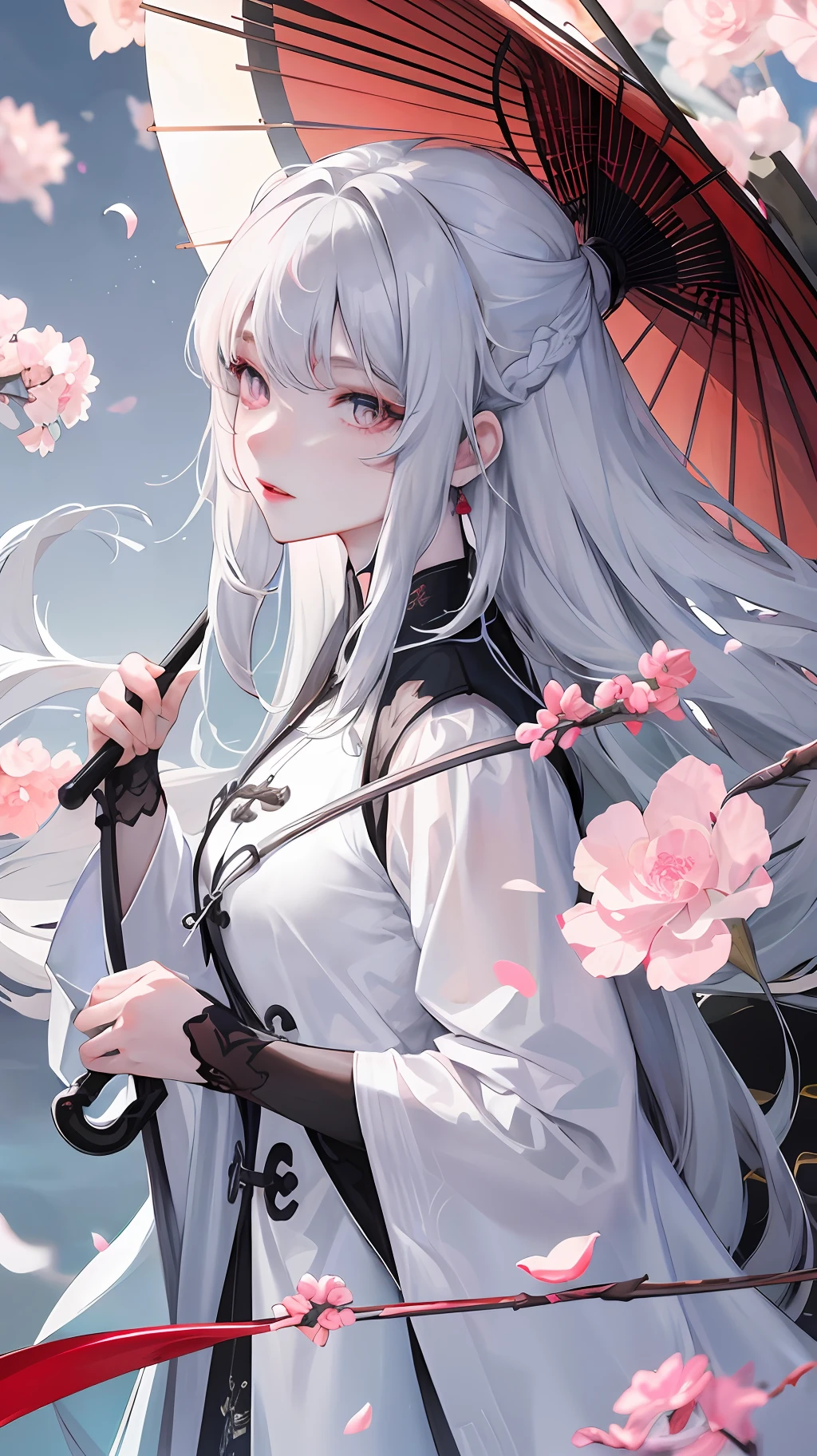 8K masterpiece best night full moon 1 female Chinese style Chinese architecture mature female elder sister silver white long hair woman long hair pale pink lips calm and rational bangs gray pupil assassin umbrella, umbrella, turn around, turn around, turn around, petals flying, delicate face,